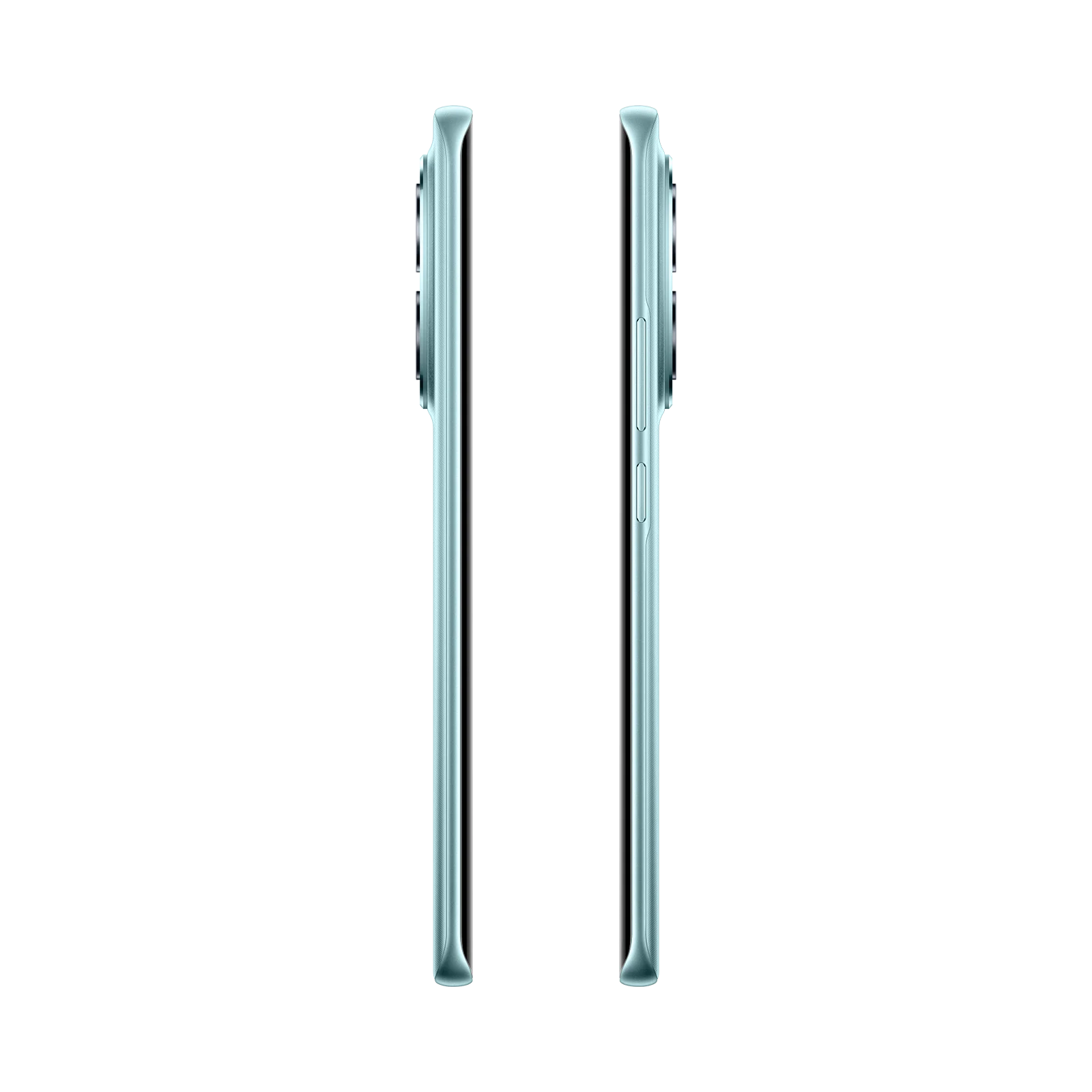 Dos smartphones azul claro uno al lado del otro sobre fondo negro.