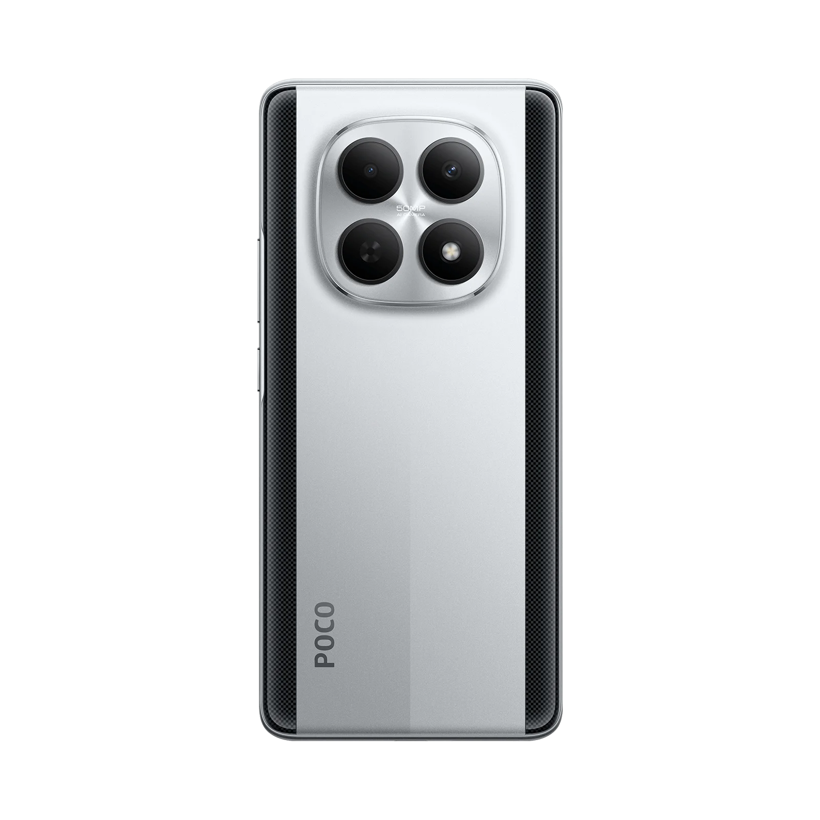 Parte trasera de un smartphone plateado con cuatro cámaras y logo POCO.