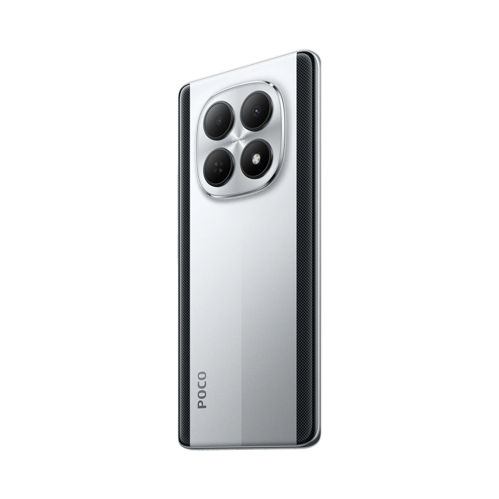 Parte trasera de un smartphone blanco con cuatro cámaras y logo POCO.