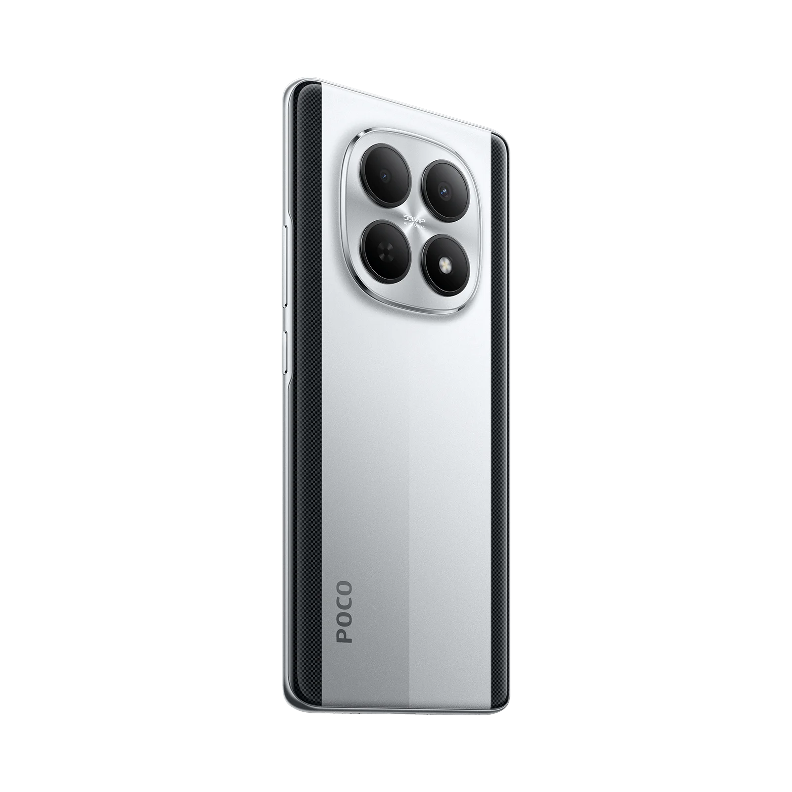 Parte trasera de un smartphone blanco con cuatro cámaras y logo POCO.