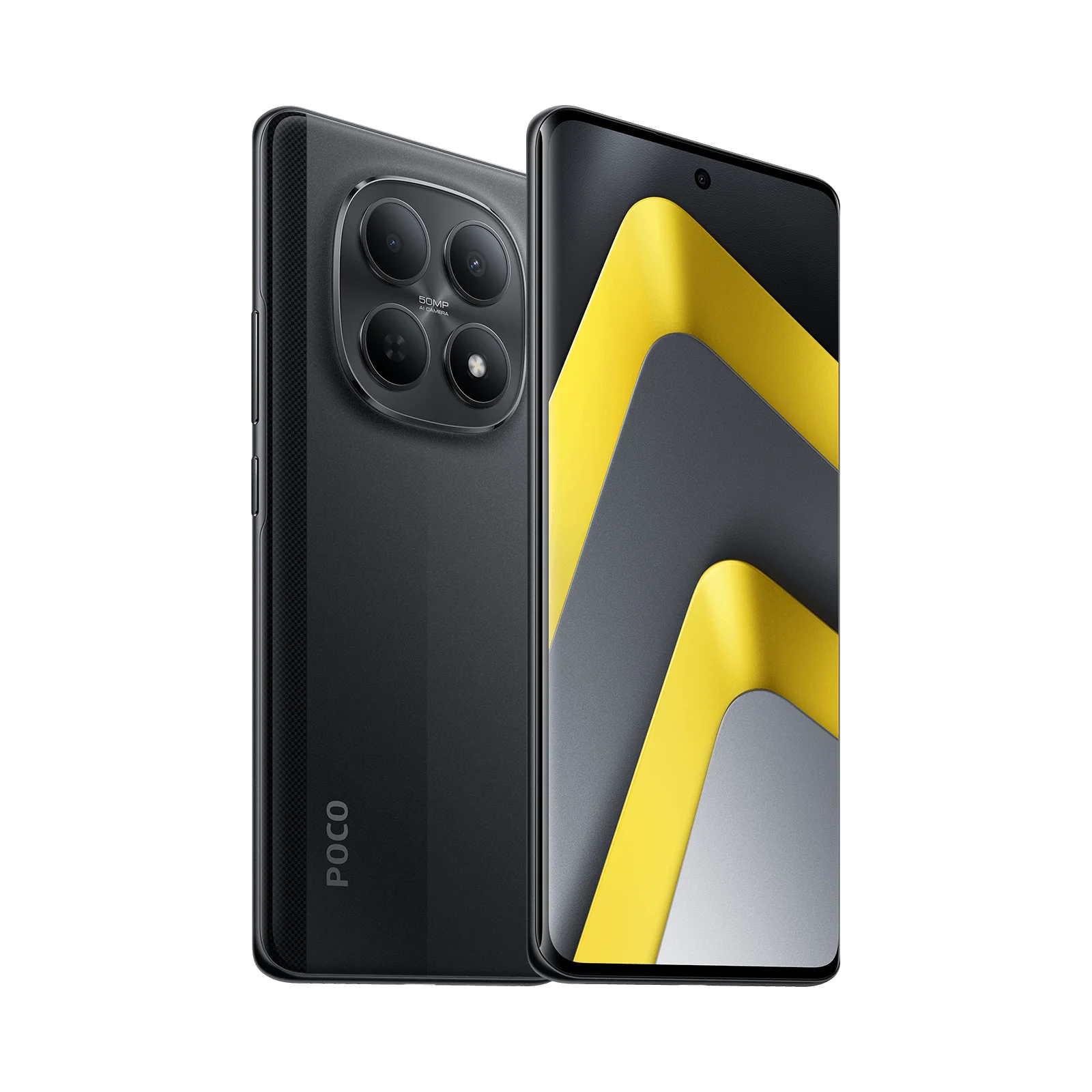 Un smartphone oscuro con cuatro cámaras y acentos amarillos en la pantalla.
