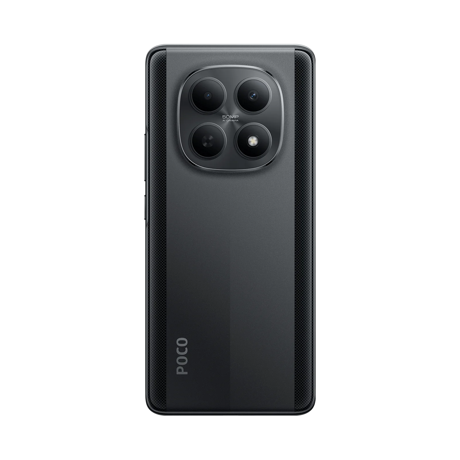 Parte trasera de un smartphone POCO oscuro con cuatro cámaras y logo POCO.
