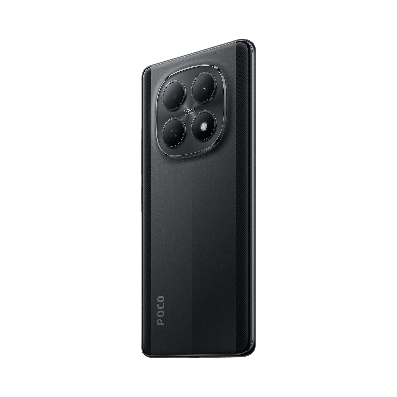 Un smartphone negro con cuatro cámaras y logo POCO sobre fondo negro.