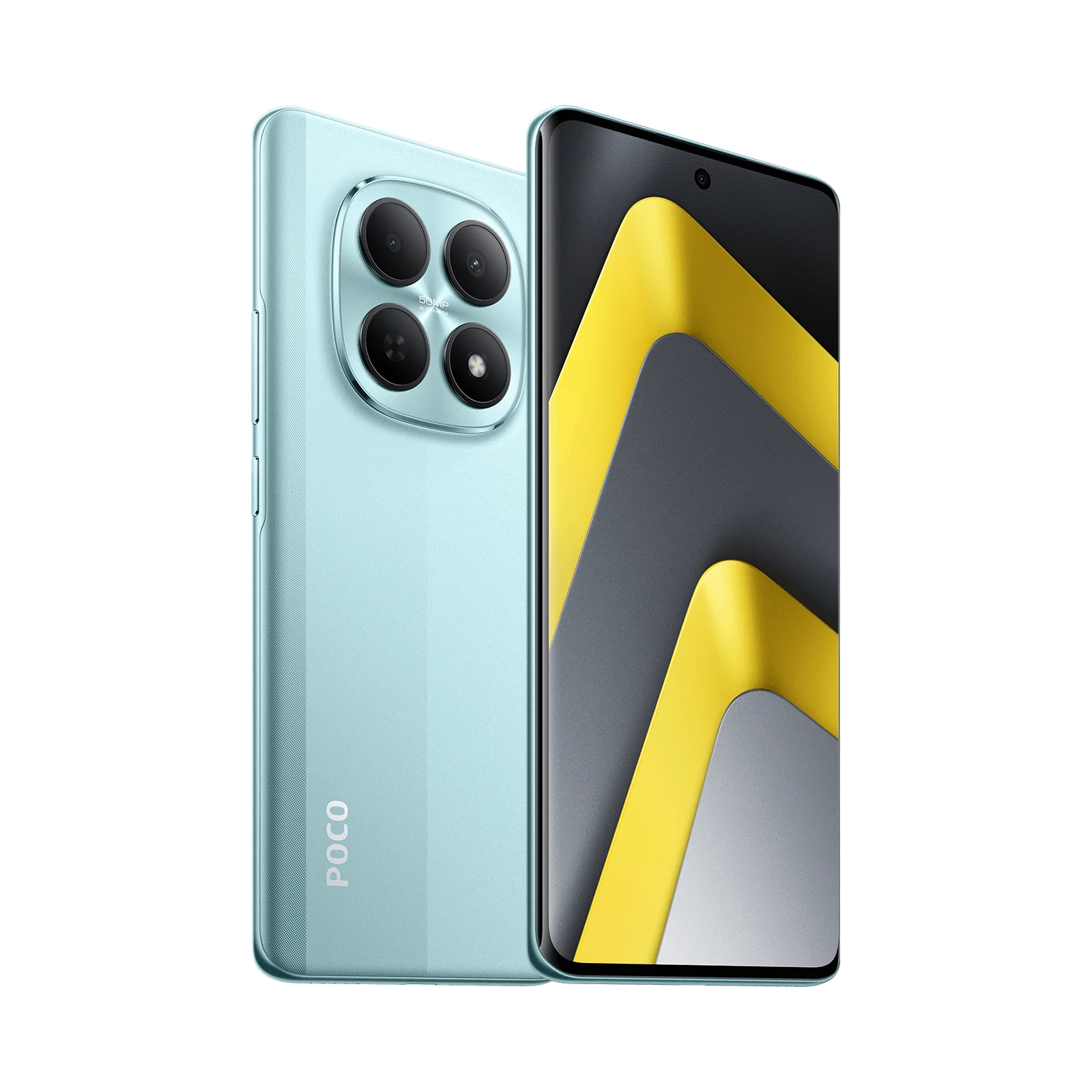 Un smartphone POCO turquesa con cuatro cámaras y un fondo abstracto amarillo y gris.