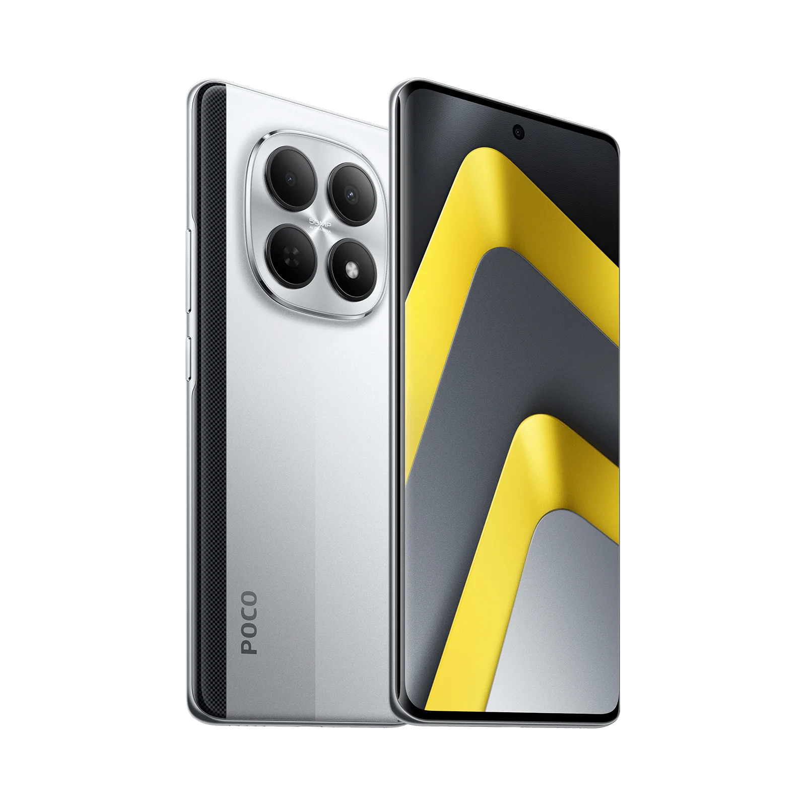 Un smartphone POCO plateado con cuatro cámaras traseras y un diseño de pantalla gris y amarillo.