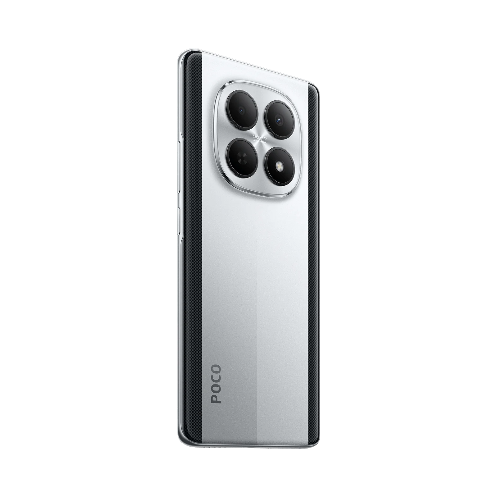 Un smartphone plateado con cuatro cámaras y el logo de POCO sobre fondo negro.