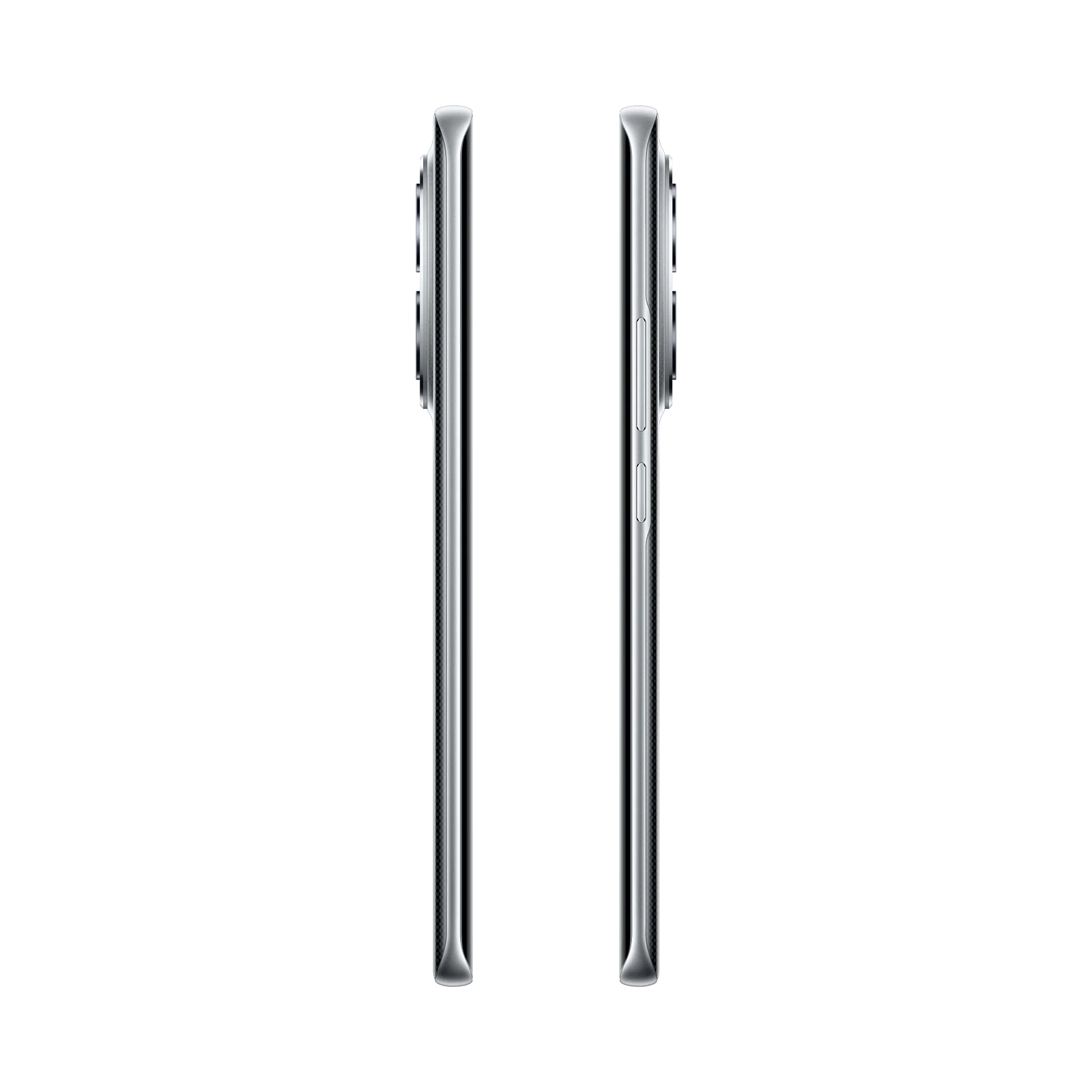 Dos elegantes teléfonos inteligentes plateados con cámaras traseras, uno al lado del otro sobre fondo negro.