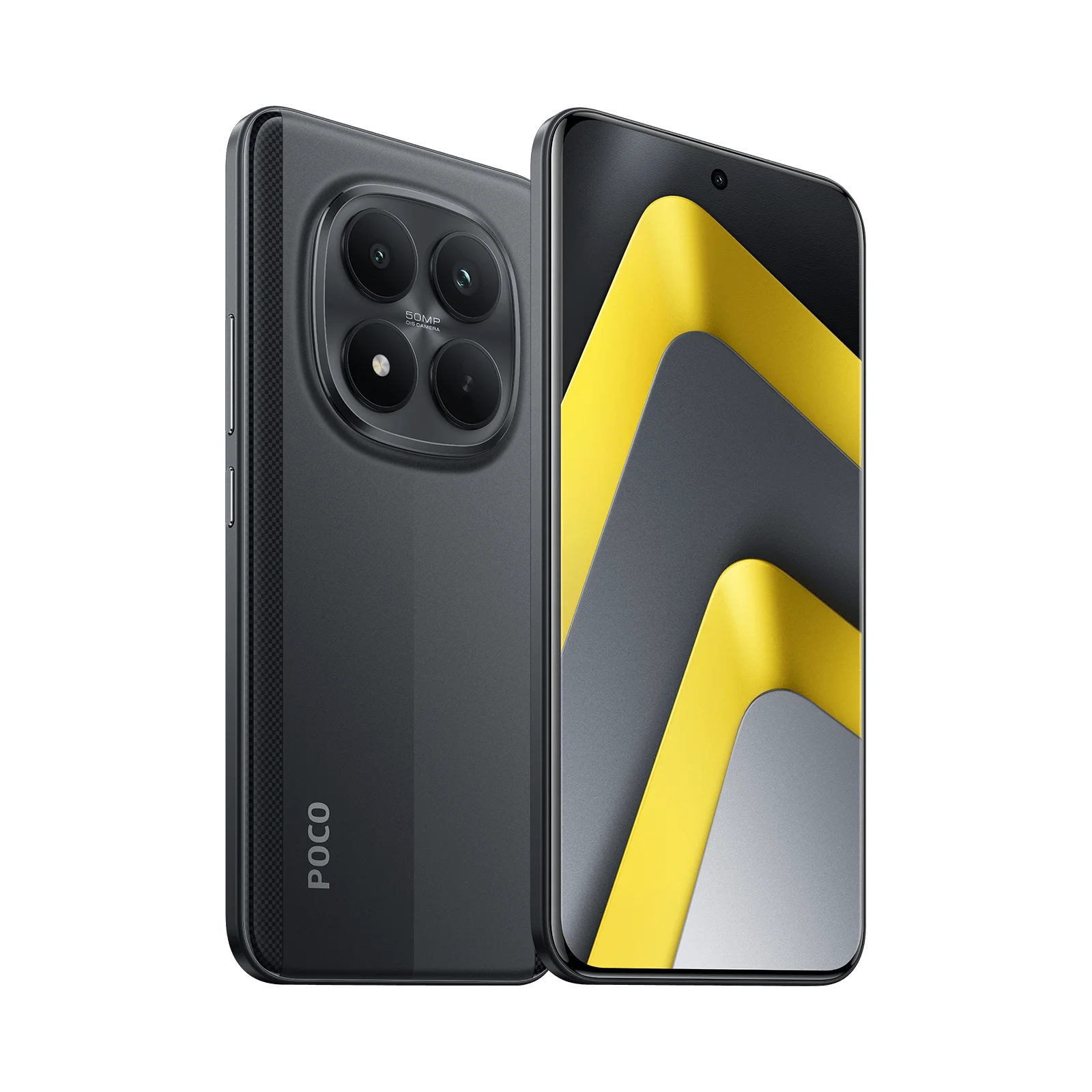 Un smartphone oscuro con cuatro cámaras y acentos amarillos en su pantalla.