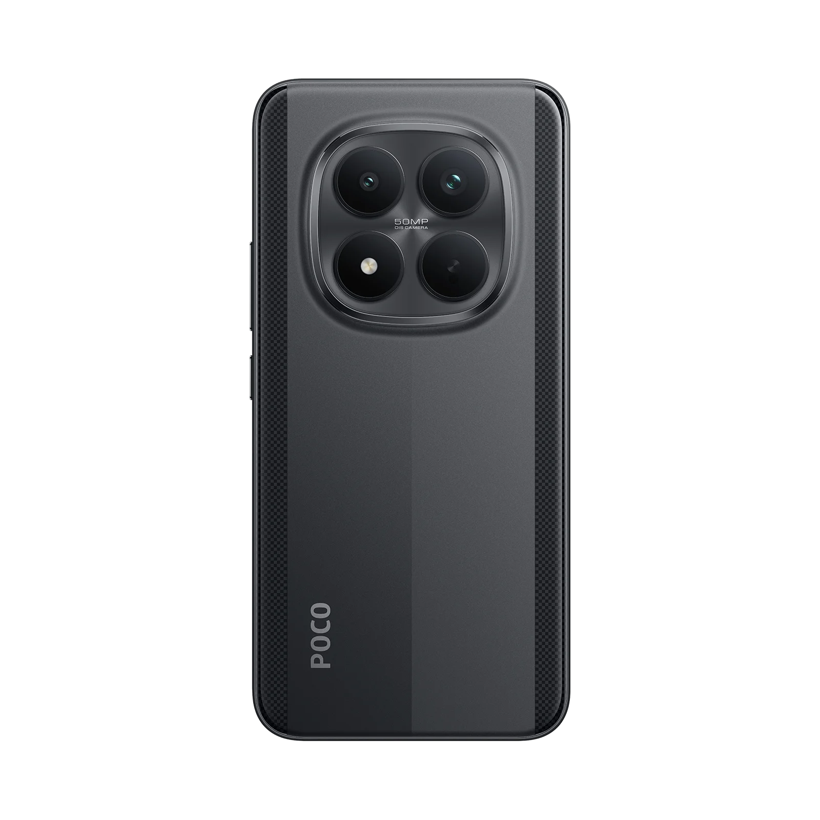 Parte trasera de un smartphone negro con cuatro cámaras y logo POCO.