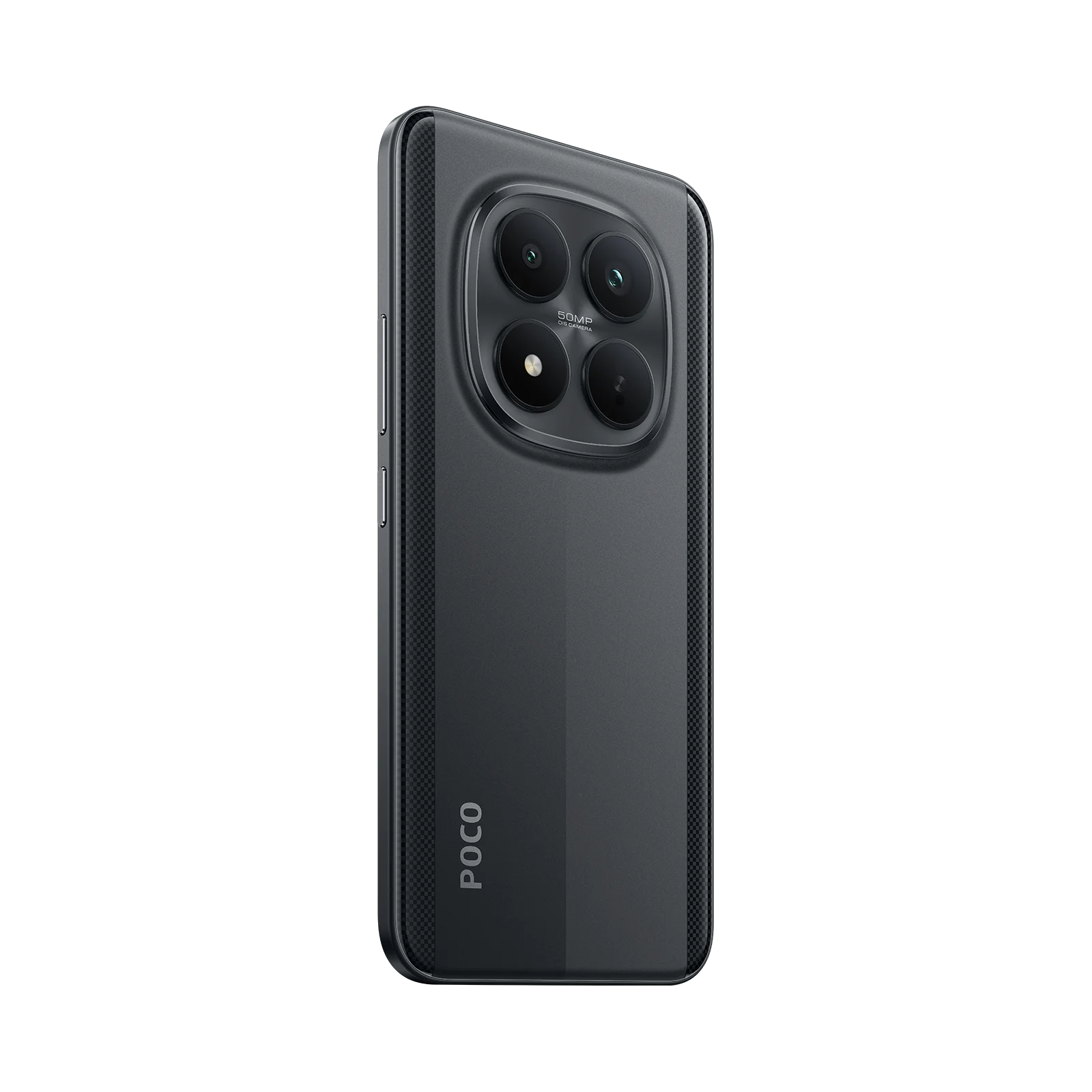 Teléfono inteligente gris con cuatro cámaras y logo POCO sobre fondo negro.
