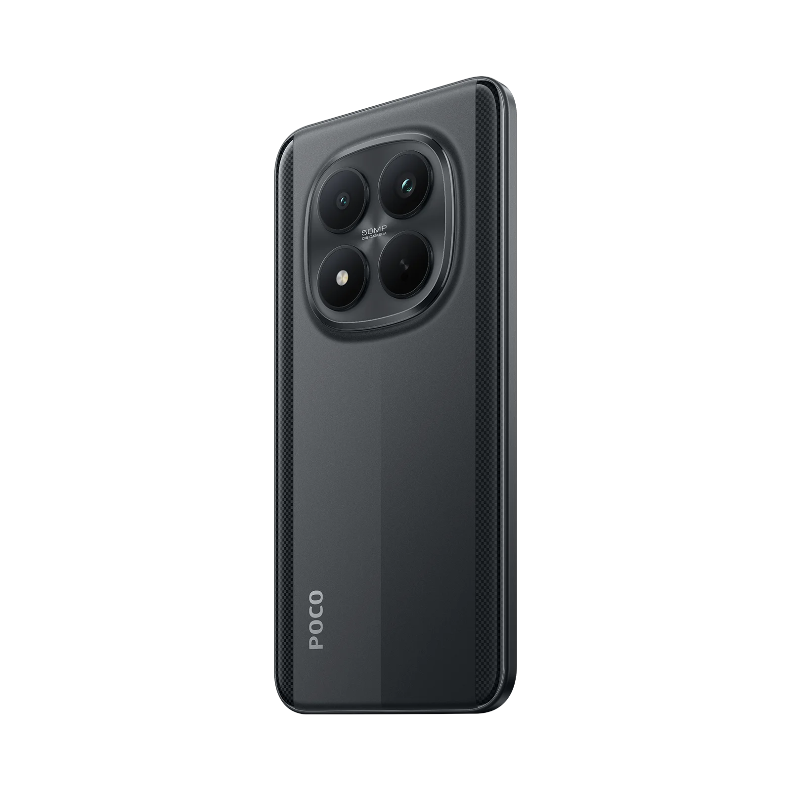 Un smartphone negro con configuración de cuádruple cámara y logo POCO atrás.