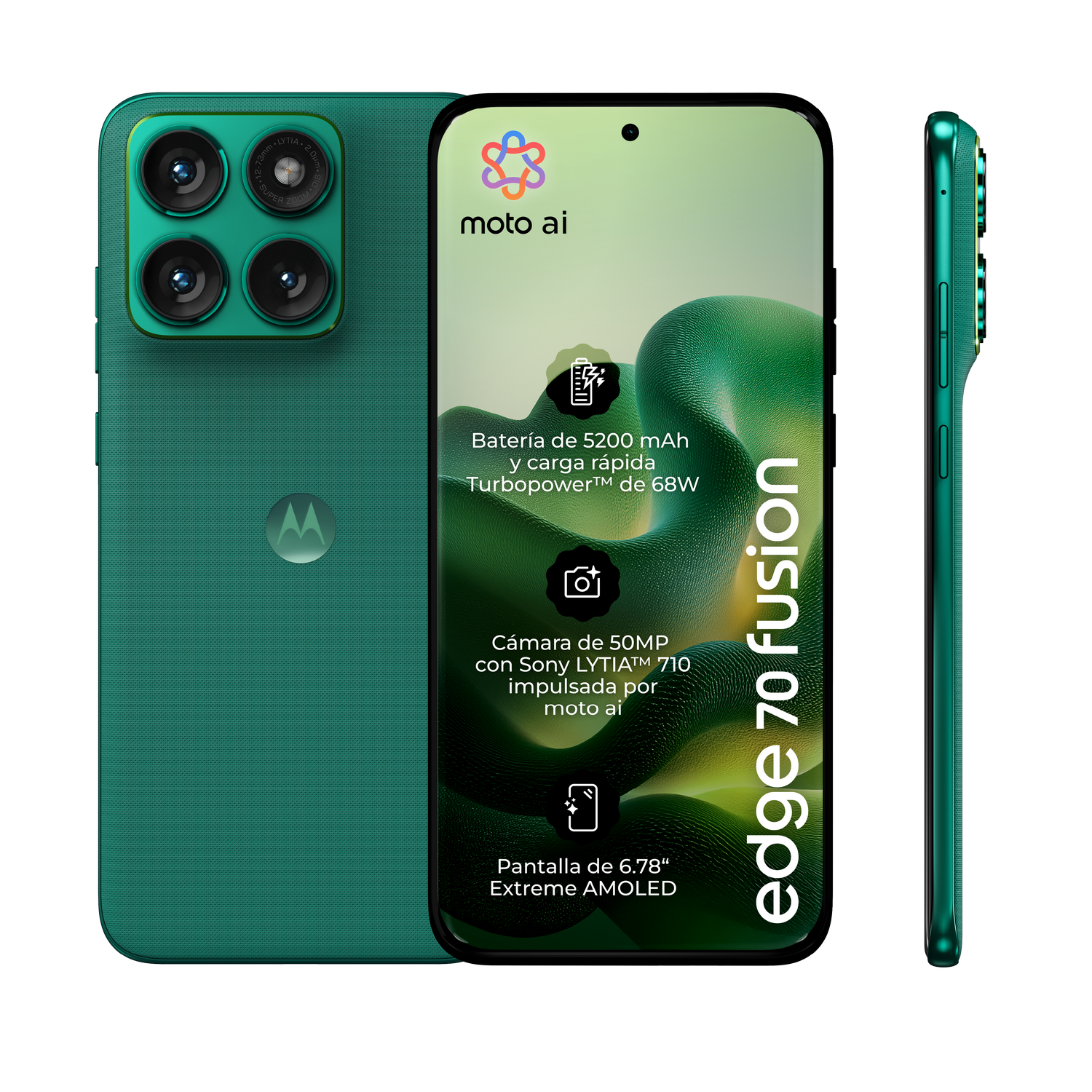 Teléfono Motorola verde con cámara cuádruple, batería 5200 mAh, cámara 50MP, pantalla 6.78".