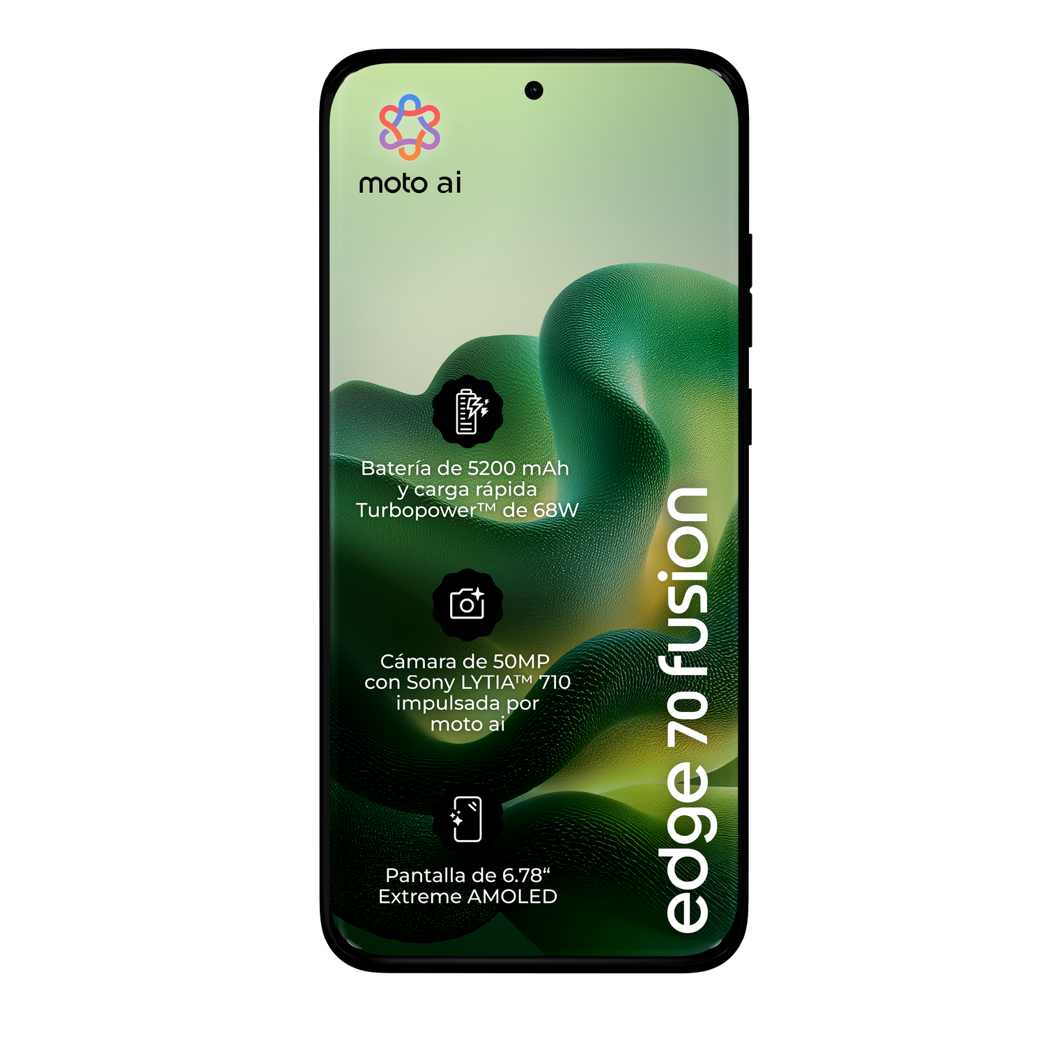 Un smartphone moderno con texto "moto ai" y "edge 70 fusion".