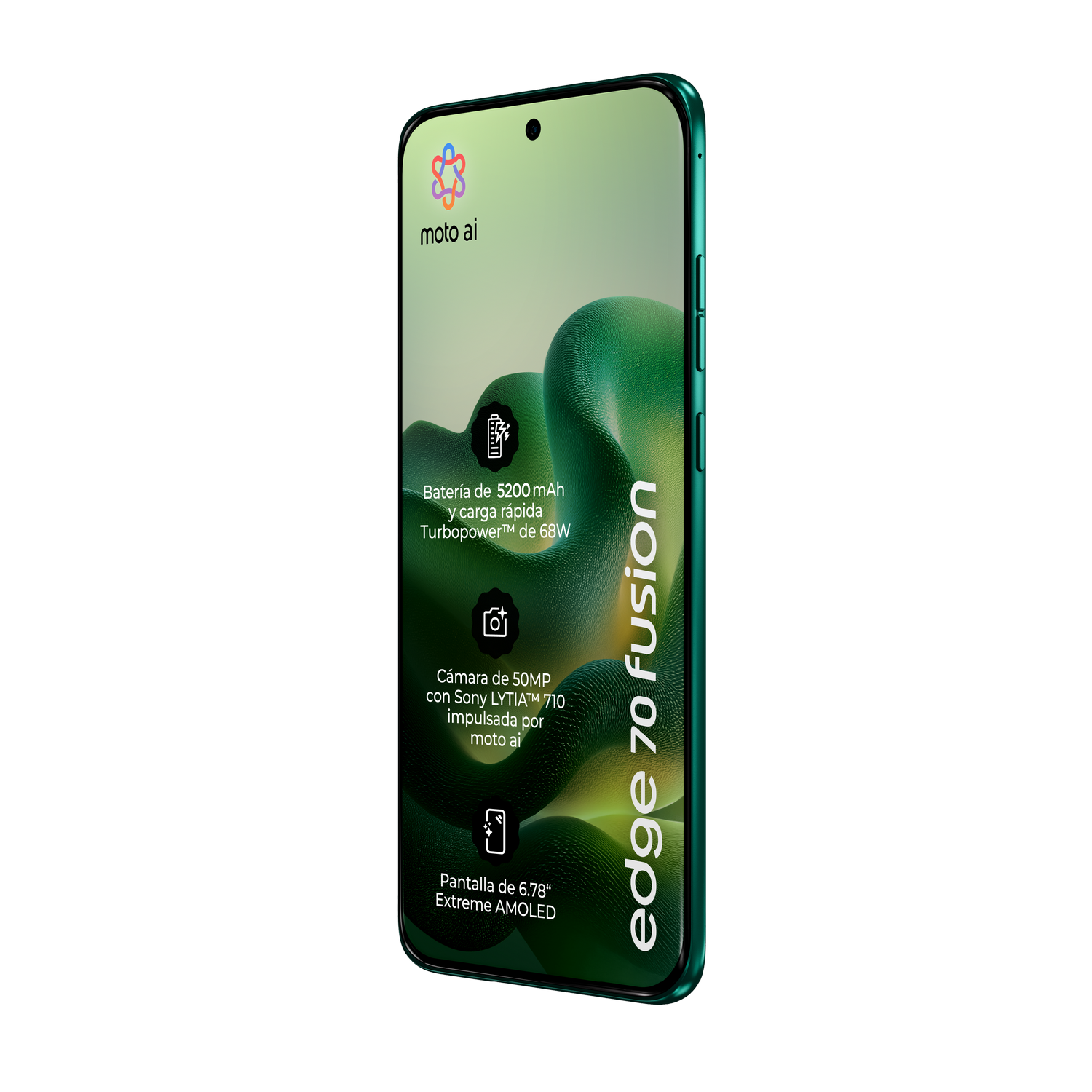 Un smartphone Motorola Edge 70 Fusion verde con pantalla AMOLED.
