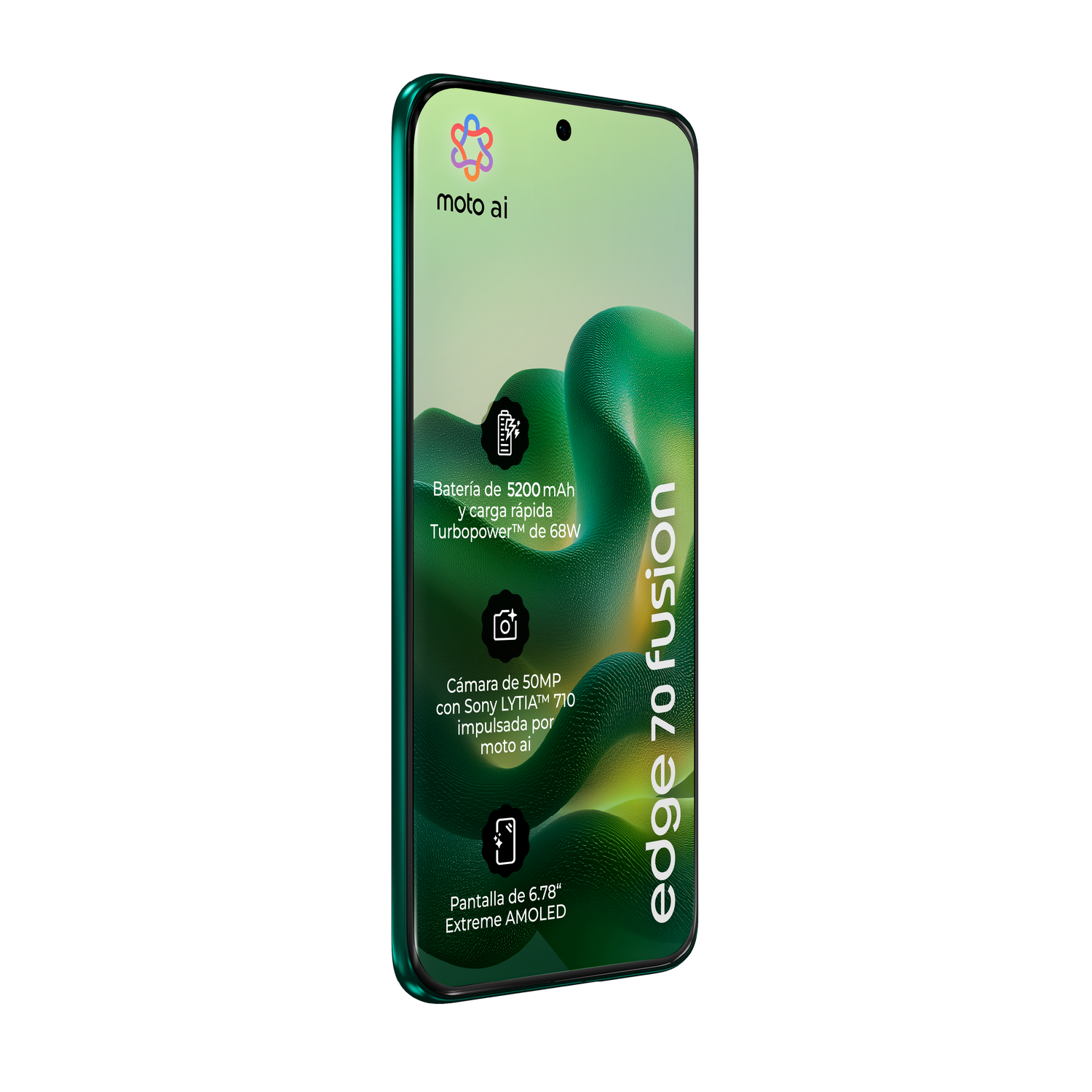 Un smartphone verde muestra logo 'moto ai' con texto sobre batería, cámara y pantalla.