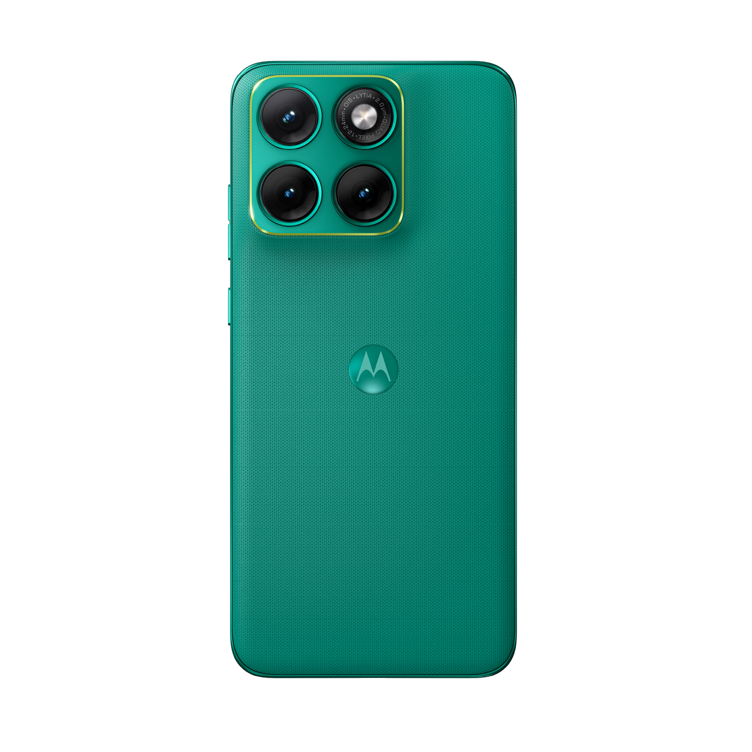 Parte trasera de un smartphone Motorola turquesa con cuatro cámaras y logo Motorola.