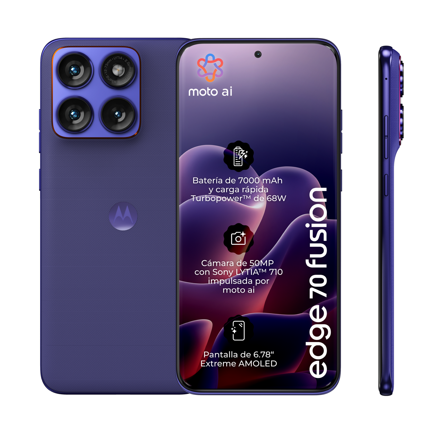 Un smartphone Motorola morado con cuatro cámaras, pant