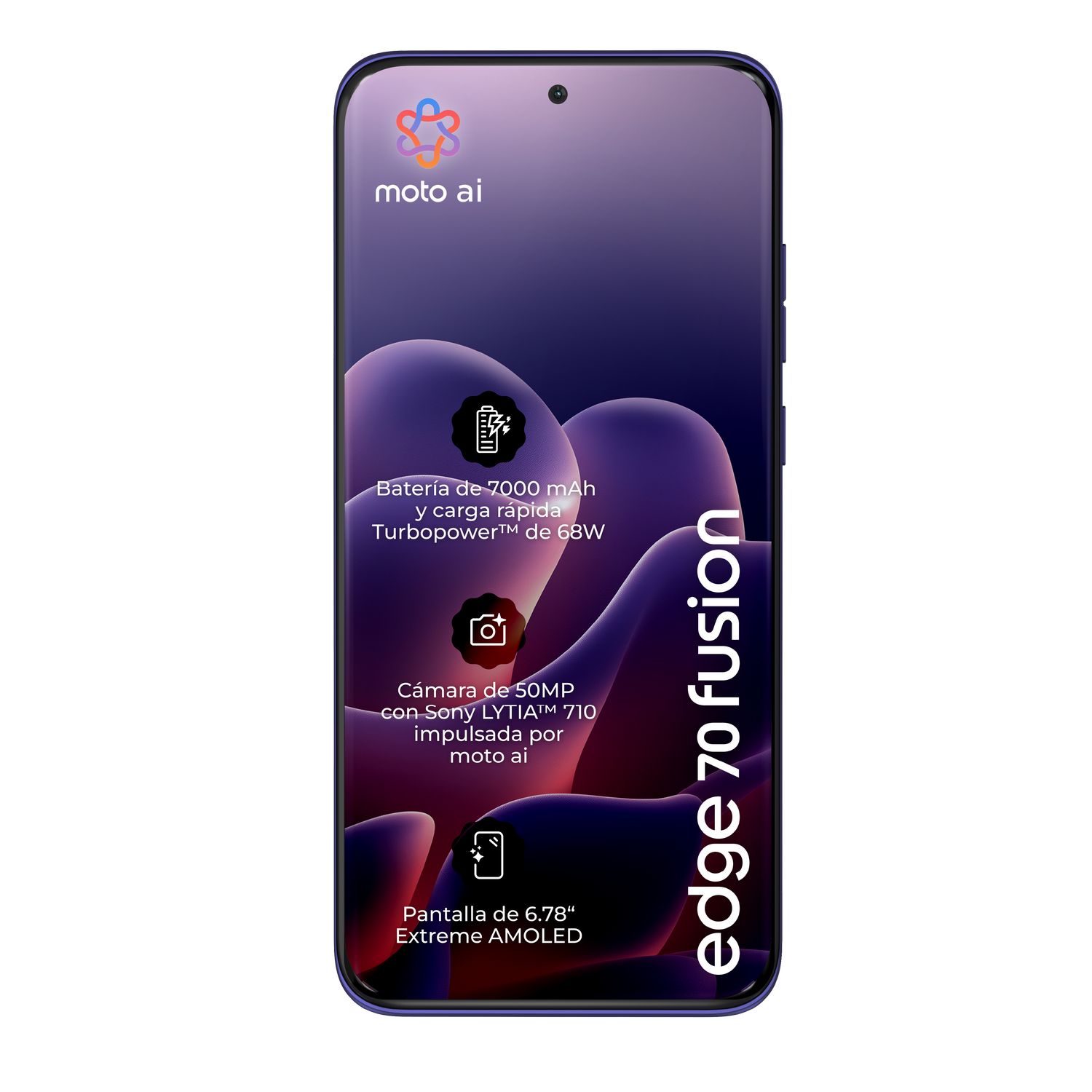 Teléfono púrpura con logo "moto ai", batería 7000mAh, cámara 50MP, pantalla AMOLED 6.78".