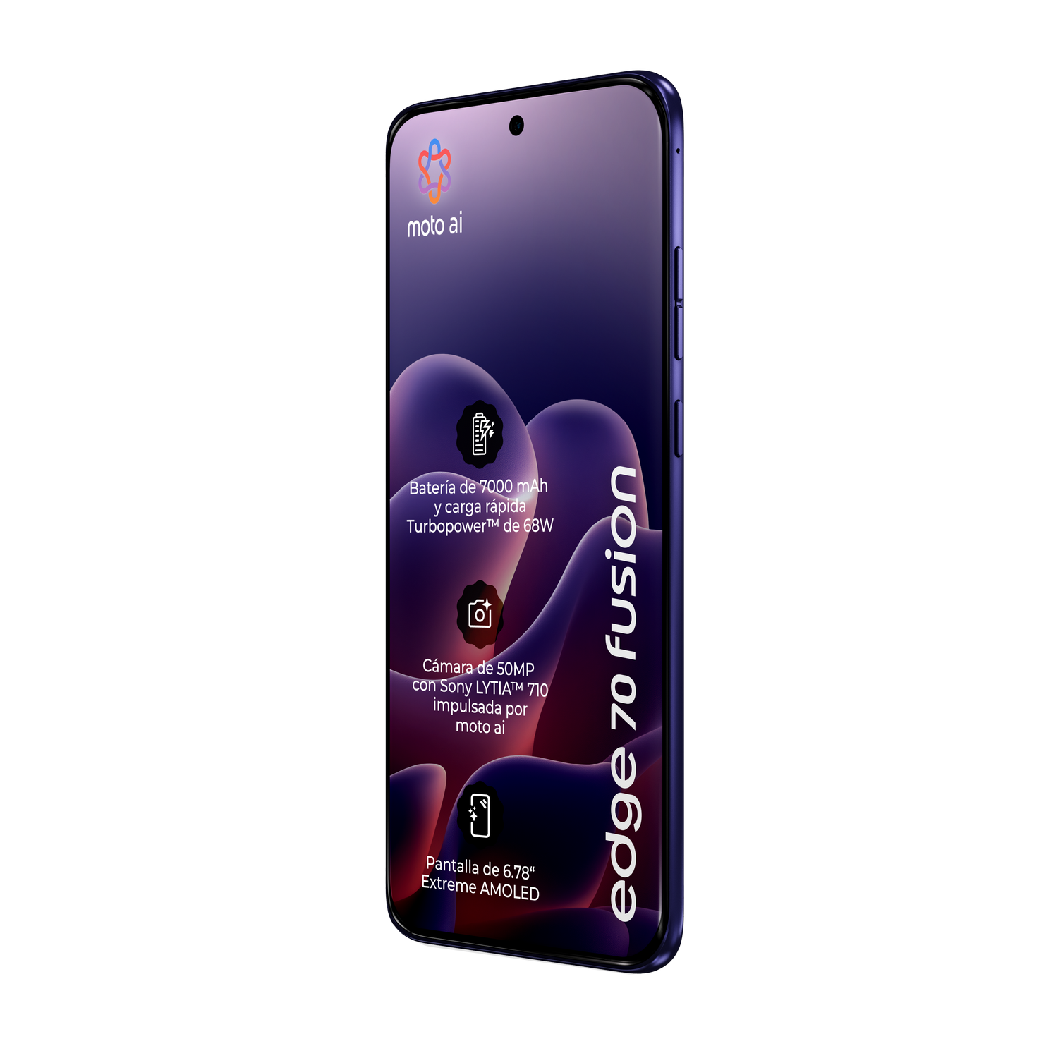 Un smartphone Motorola morado con texto "edge 70 Fusion" y detalles de batería/cámara.