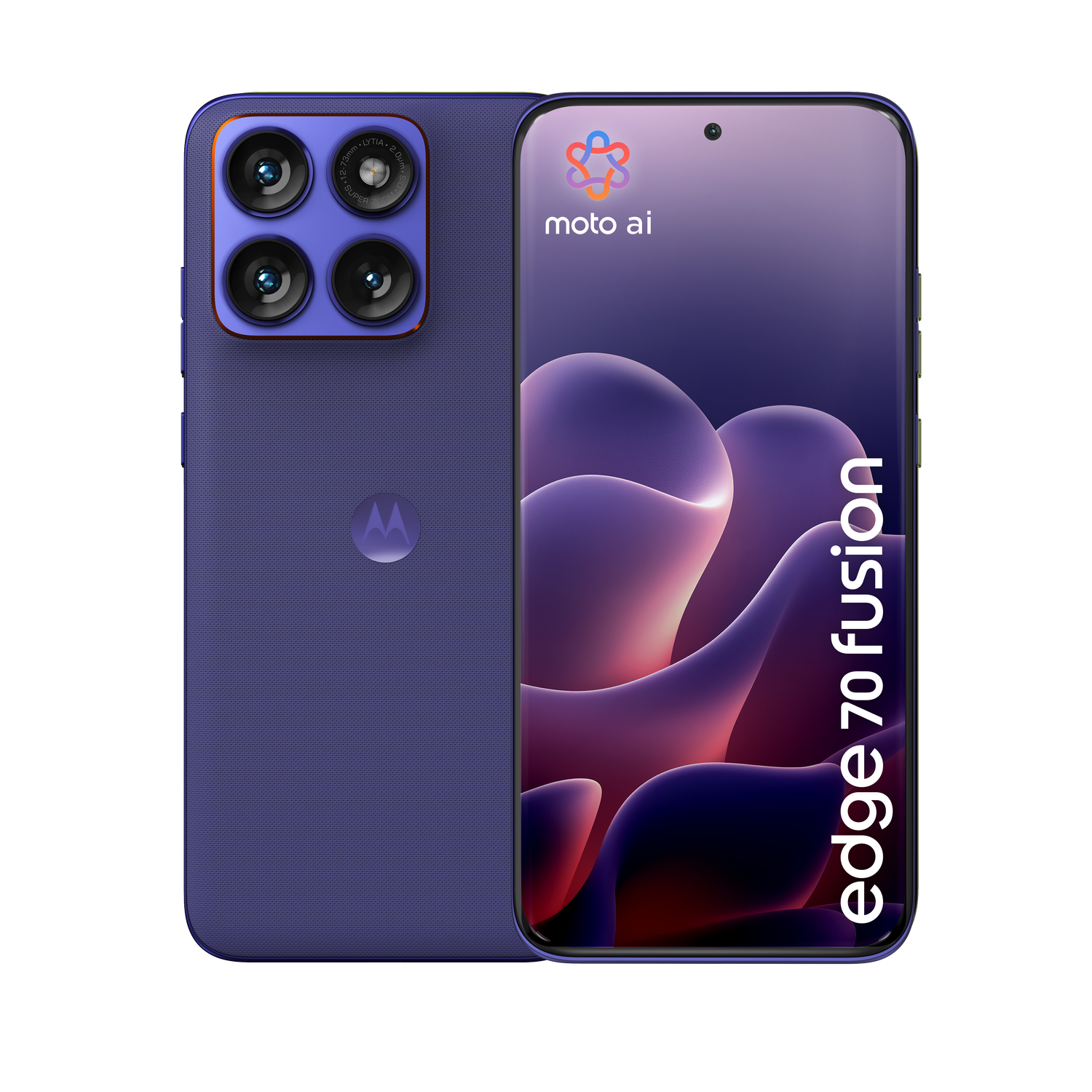 Un teléfono Motorola morado con cuatro cámaras. La pantalla muestra el logo y 'edge 70 fusion'.