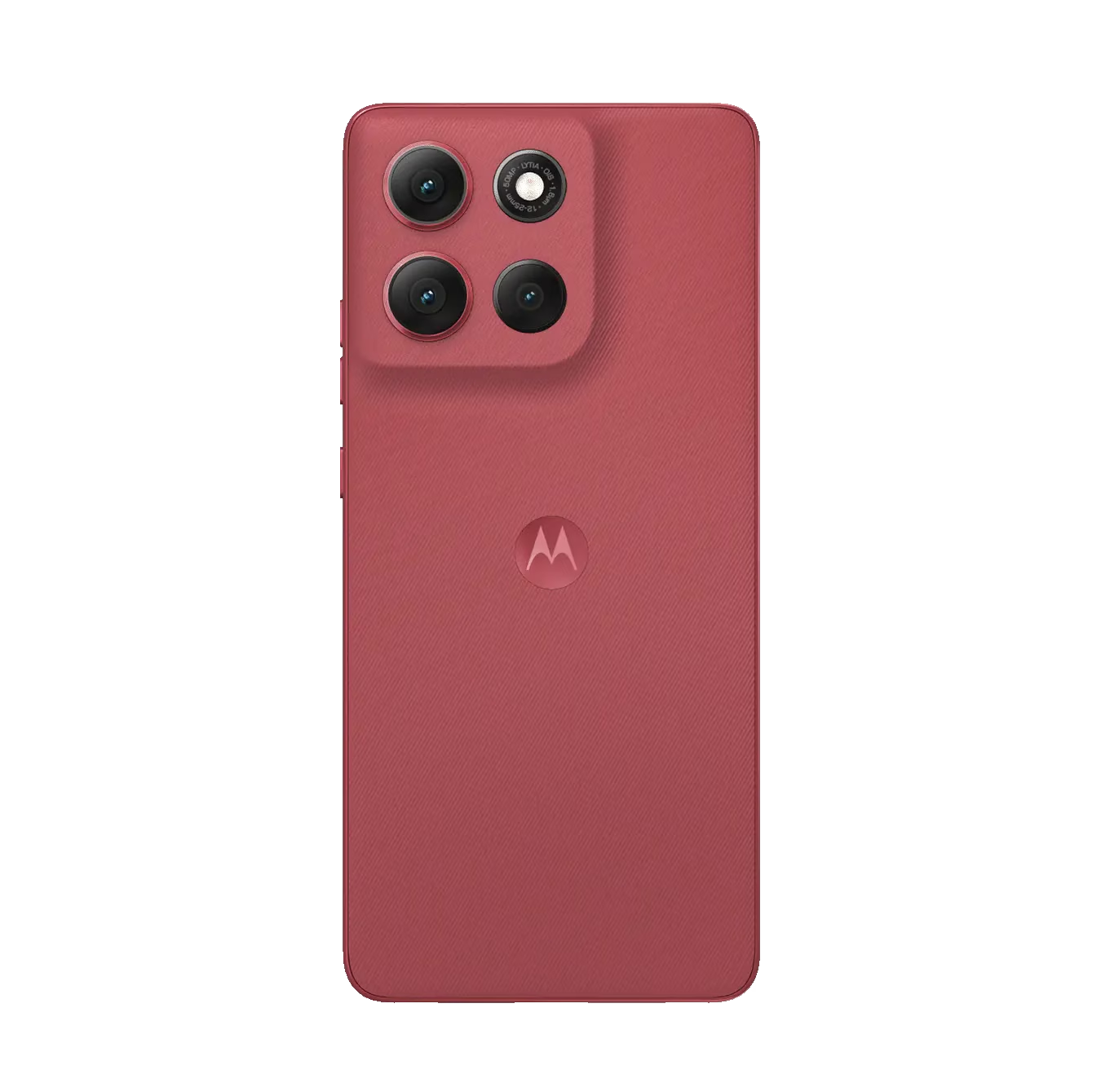 Teléfono inteligente rojo con cuatro cámaras y logo de Motorola detrás.