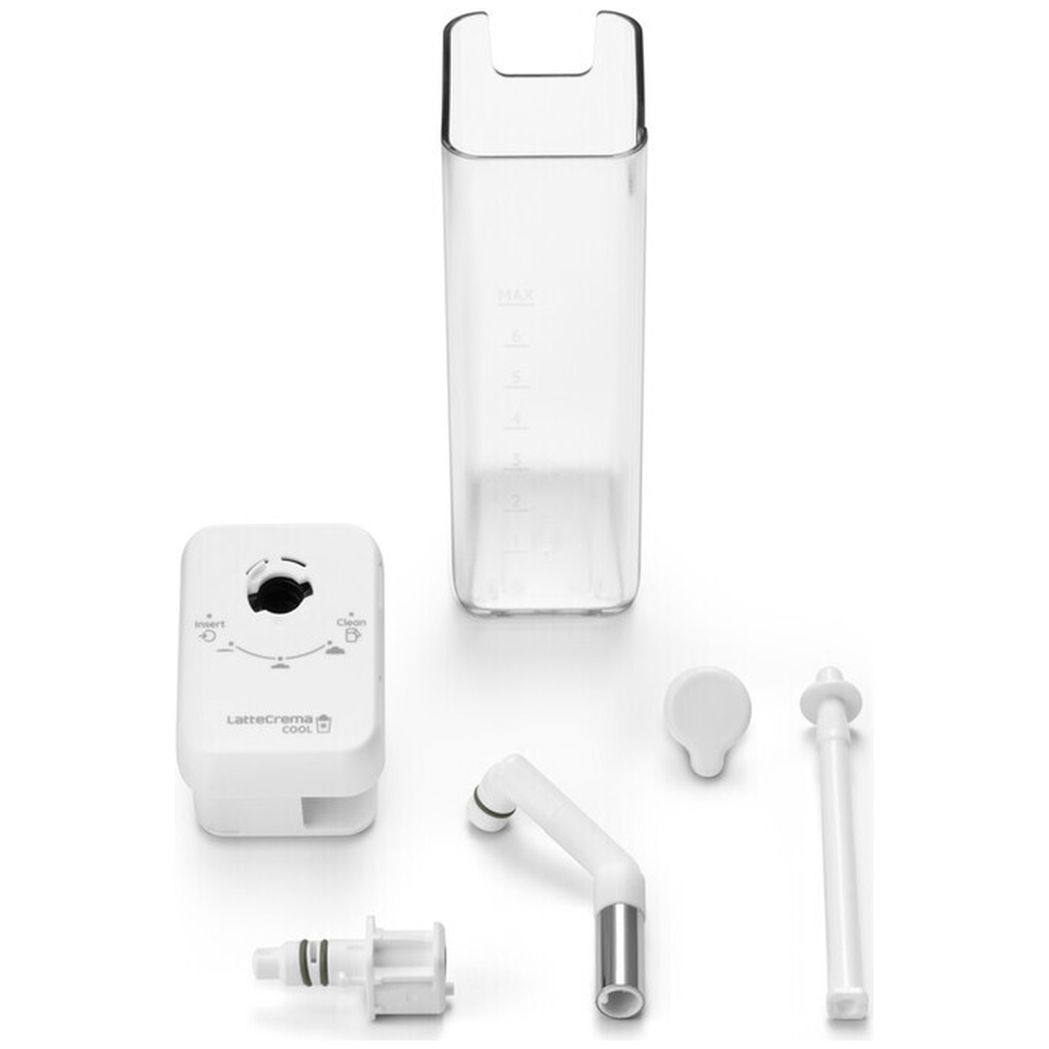 White coffee machine parts: milk container, nozzle, cap, and tubes.