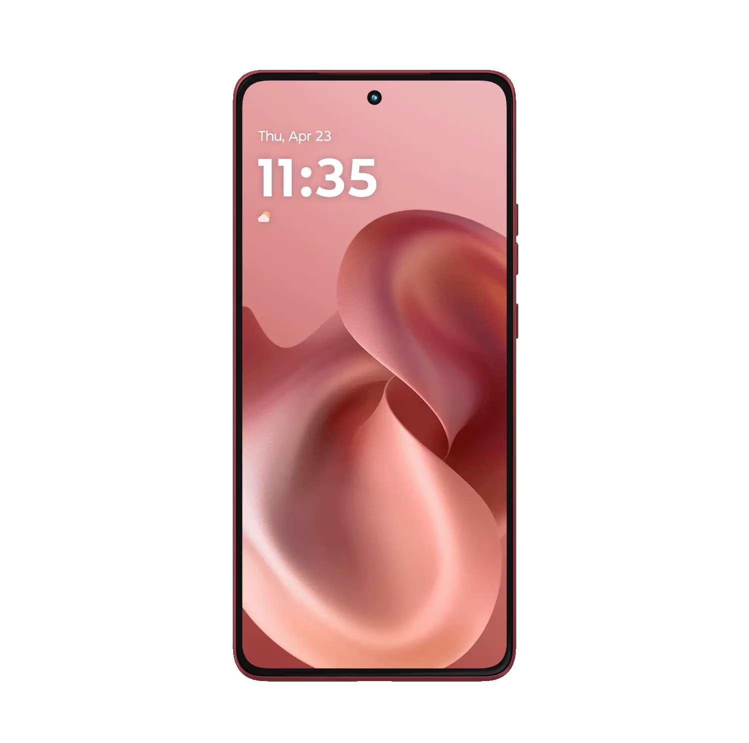 Un teléfono inteligente rojo muestra las 11:35 y un fondo de pantalla rosa abstracto.