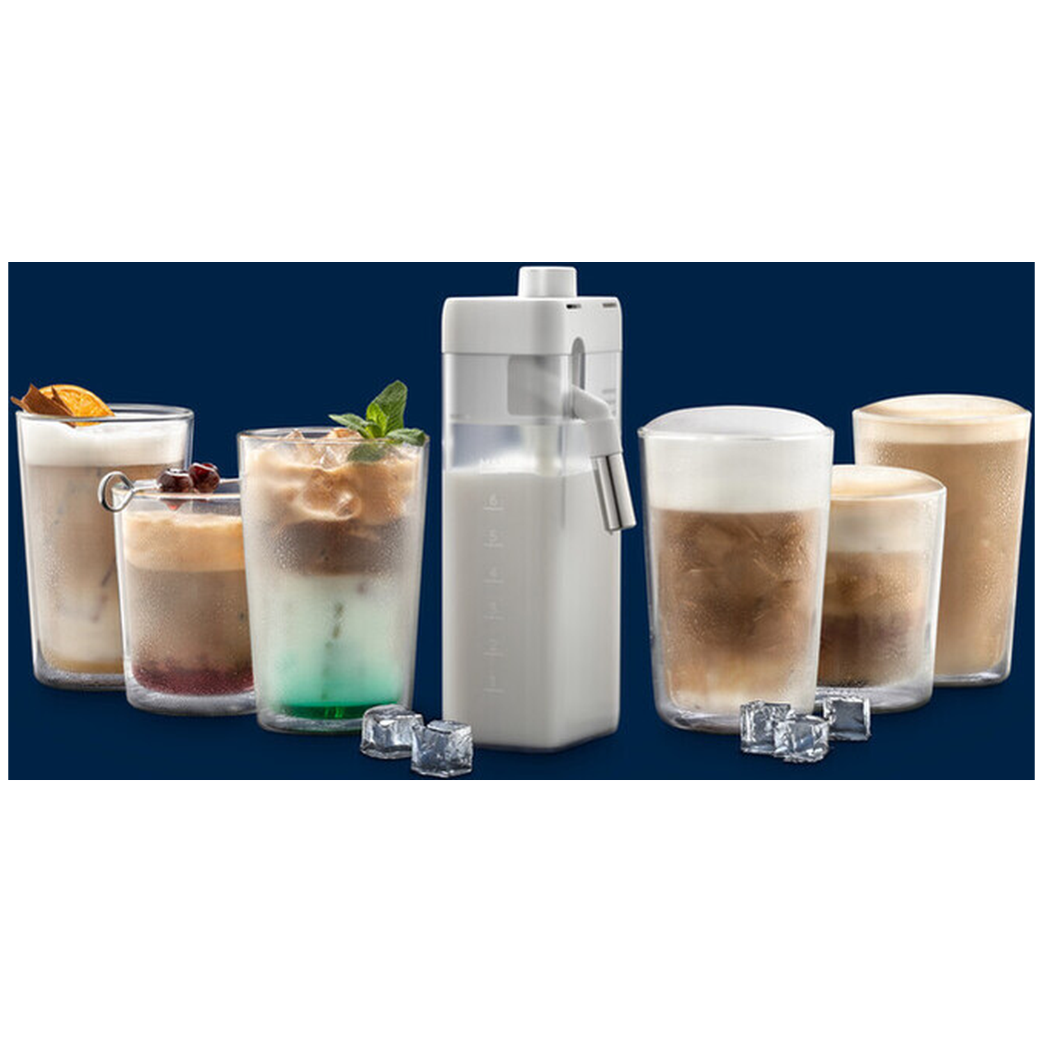 Six coffee drinks and a milk dispenser on a blue background.