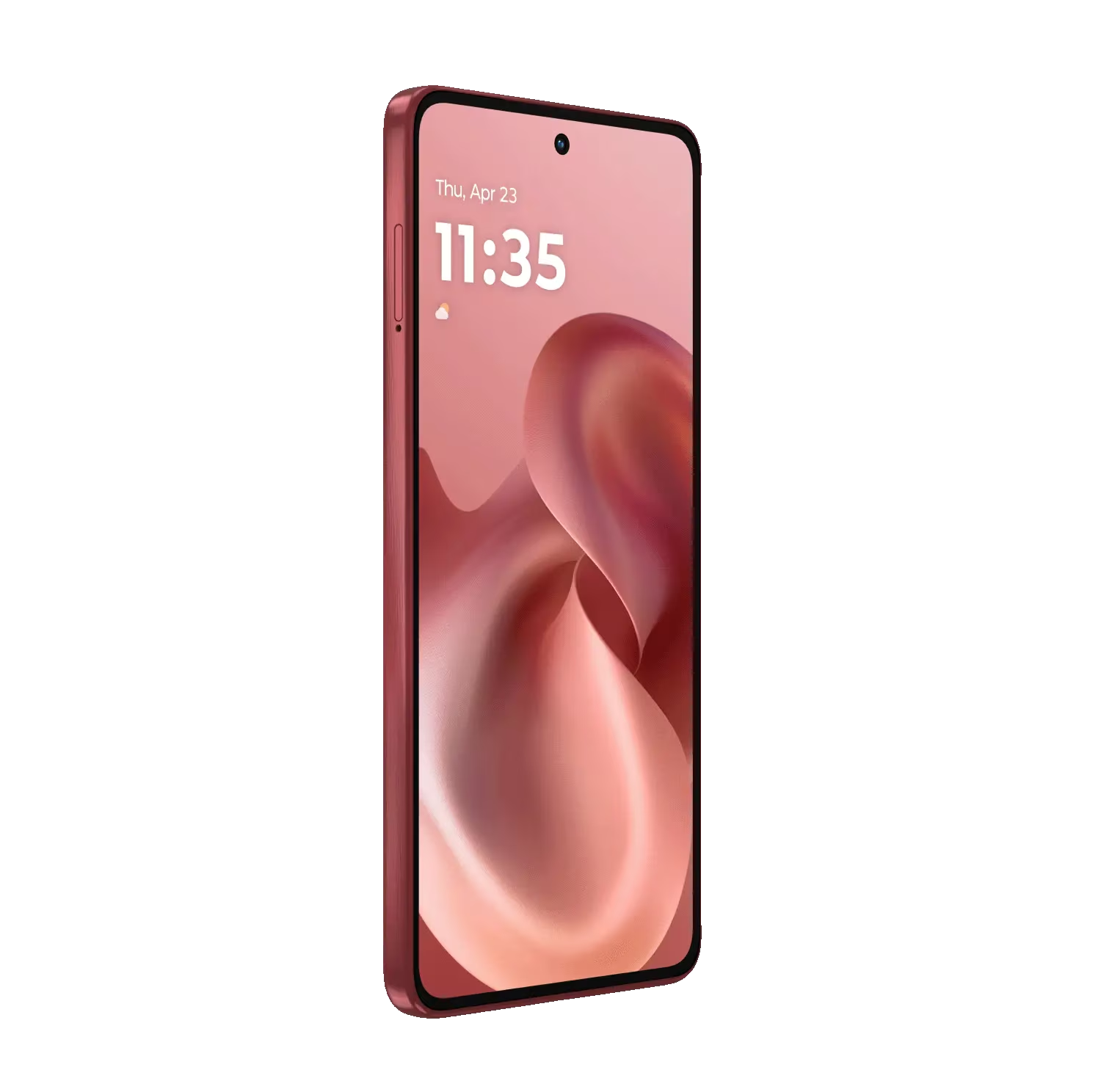 Un teléfono inteligente rosa muestra la hora 11:35 y la fecha Thu, Apr 23.