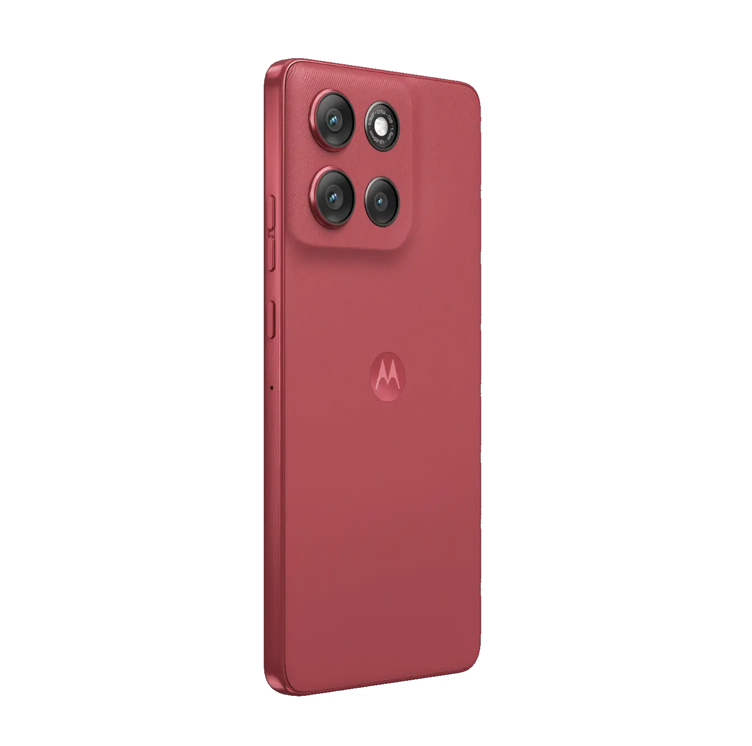 Teléfono inteligente rojo con cuatro cámaras y logo de Motorola sobre fondo negro.