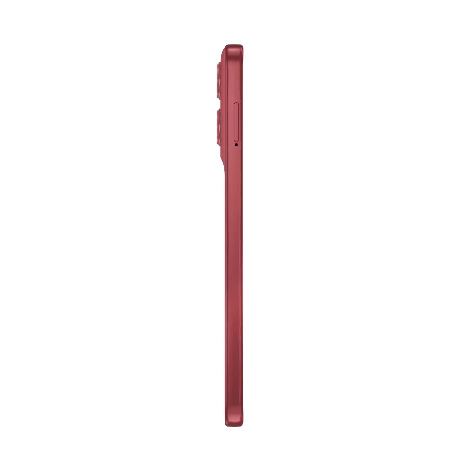 Un teléfono inteligente rosa visto de lado sobre fondo negro.