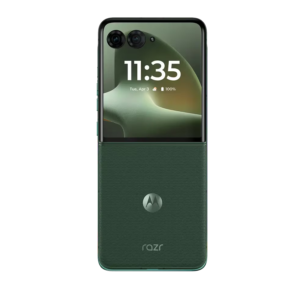 Un teléfono plegable verde oscuro con dos cámaras arriba y un logo de Moto abajo.