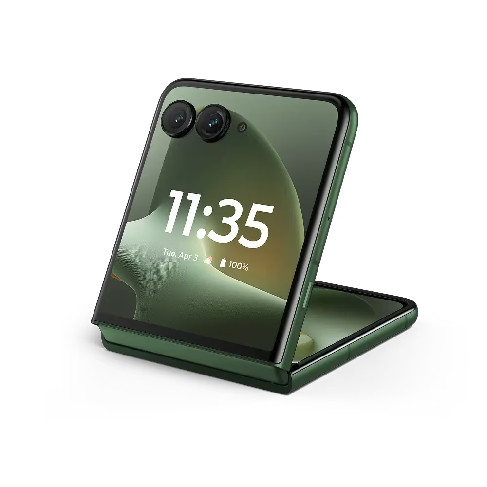 Un teléfono plegable abierto, verde oscuro, con dos cámaras que muestra las 11:35.