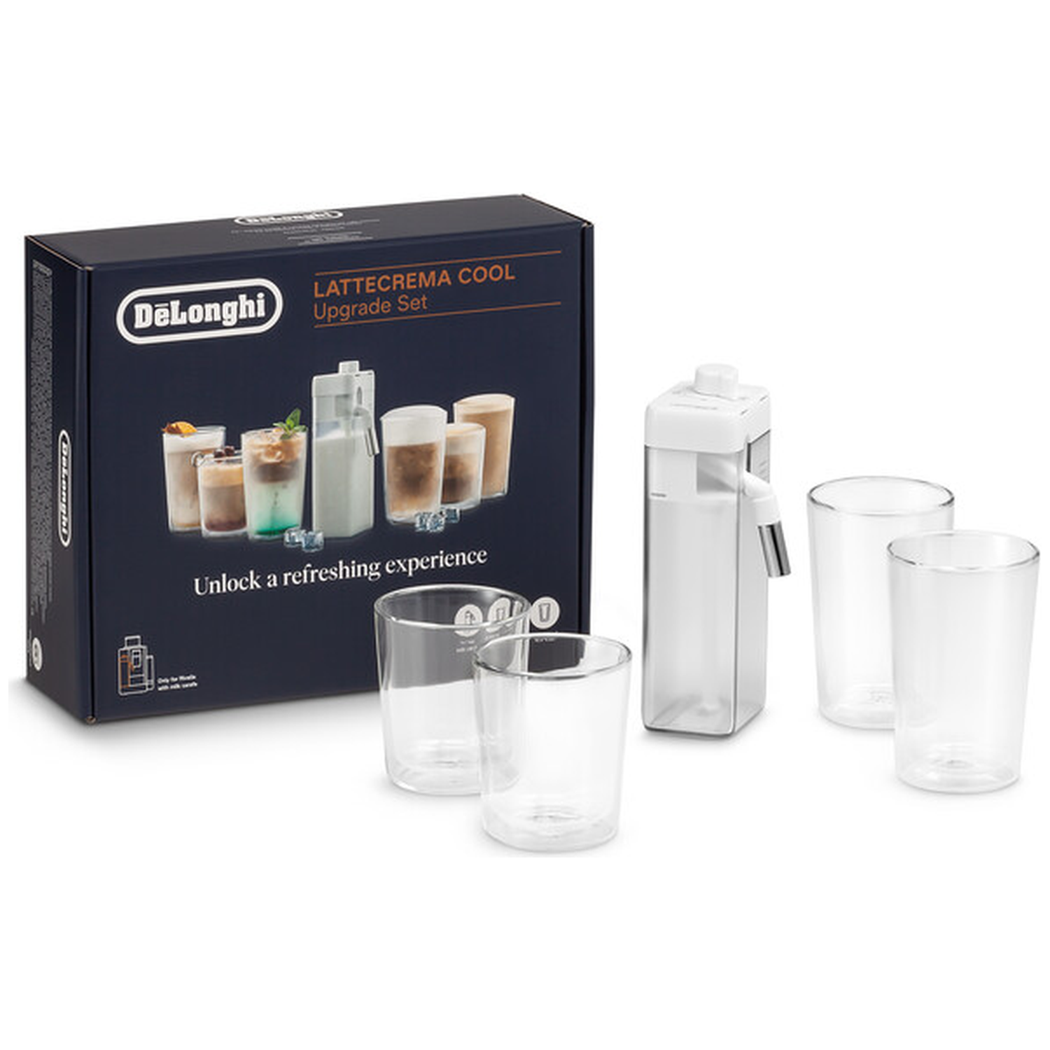 DeLonghi Lattecrema Cool Upgrade Set with glasses and milk carafe.