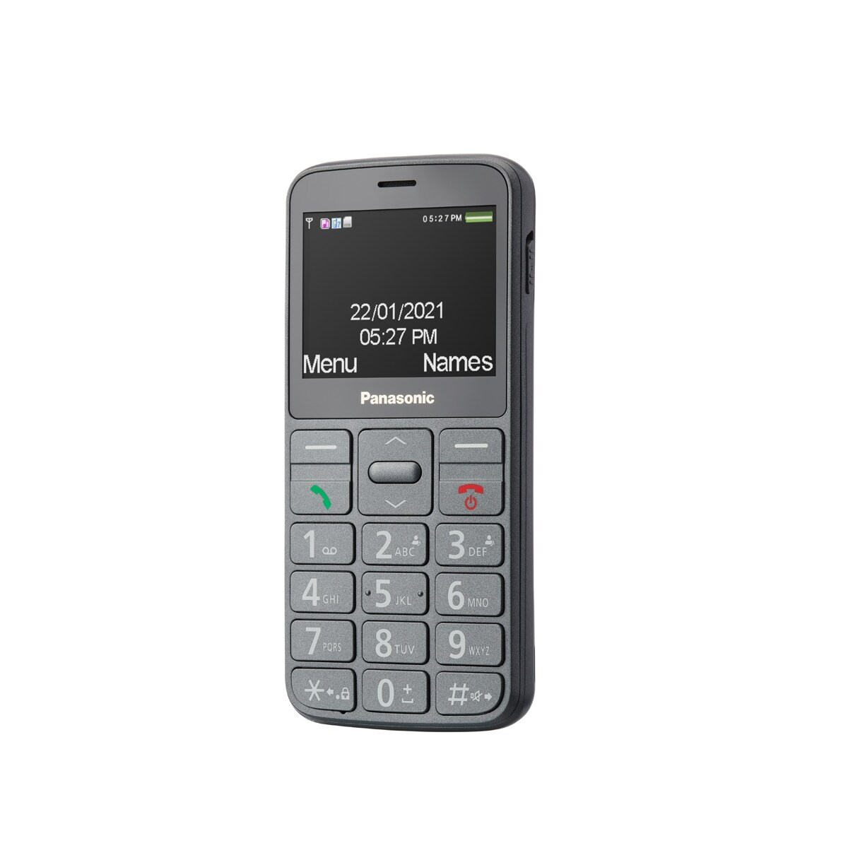 Un teléfono básico gris de Panasonic con pantalla grande que muestra fecha y hora.