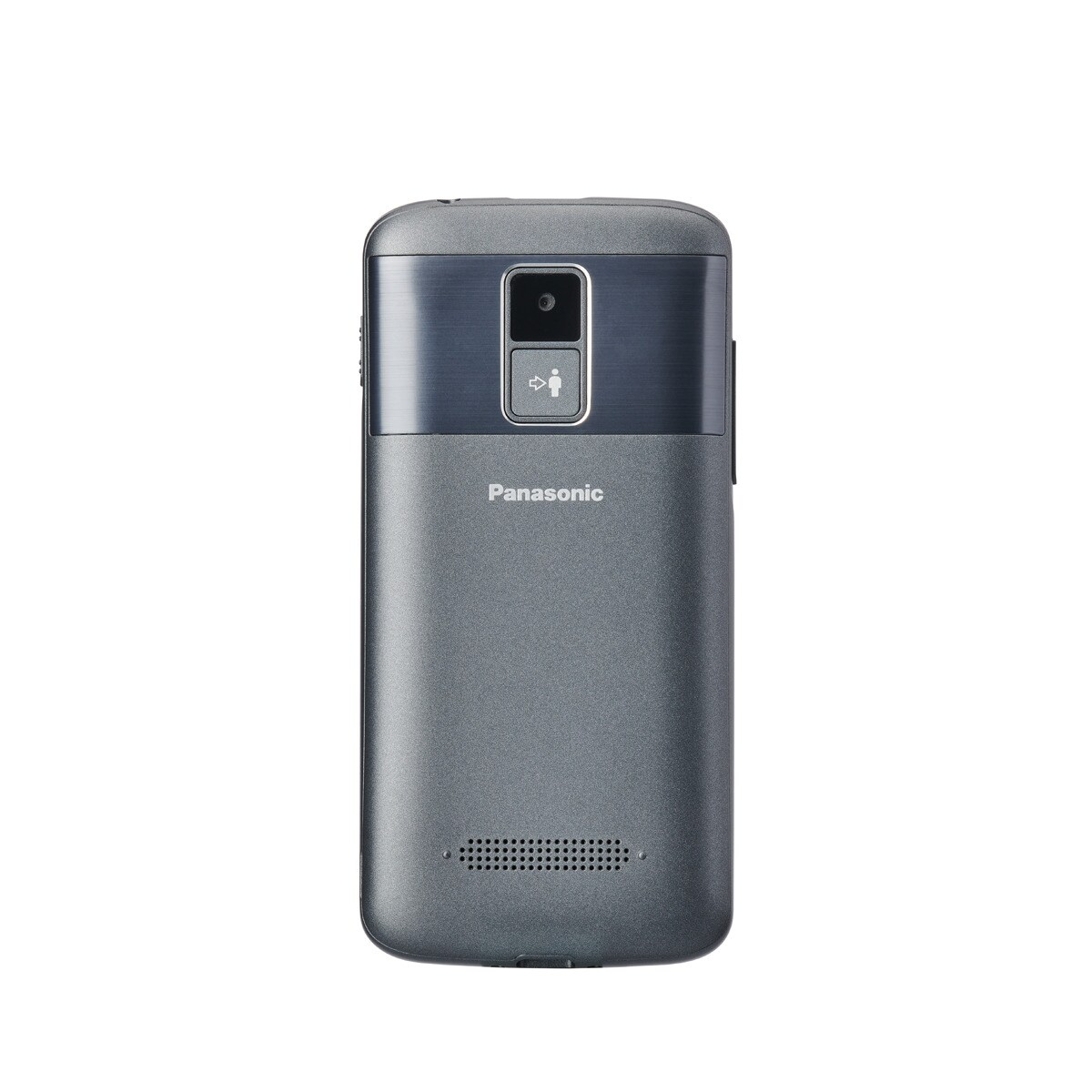 Parte trasera de un teléfono Panasonic gris con cámara y rejilla de altavoz.