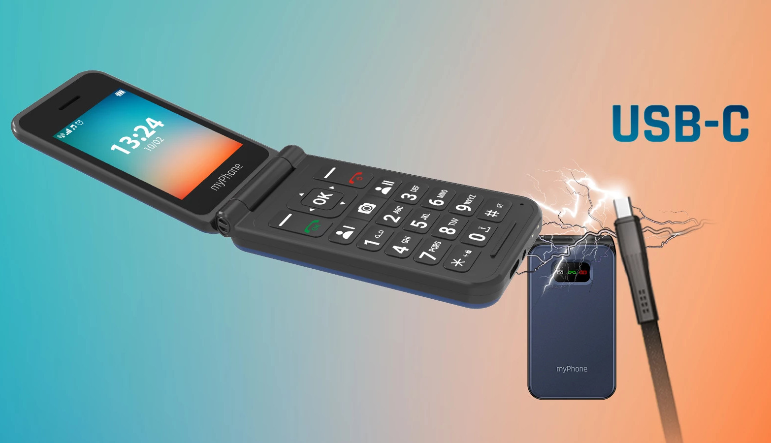 Otwarty niebieski telefon klapkowy ładuje inne niebieskie urządzenie przez USB-C.
