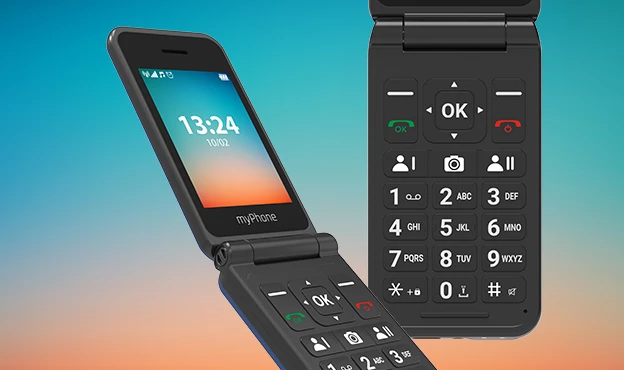 Otwarty czarny telefon klapkowy z dużą klawiaturą i ekranem.