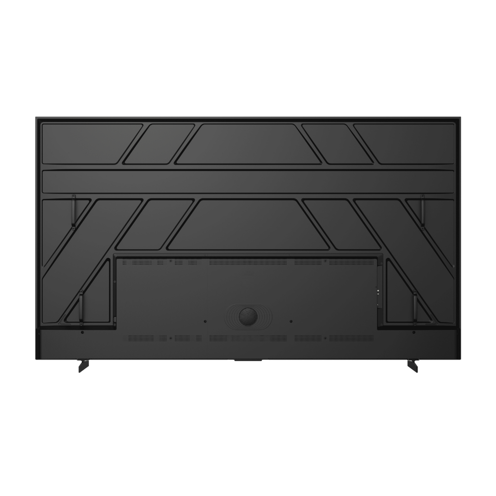 La parte trasera de un televisor negro con diseño de patrones y rejillas de ventilación.