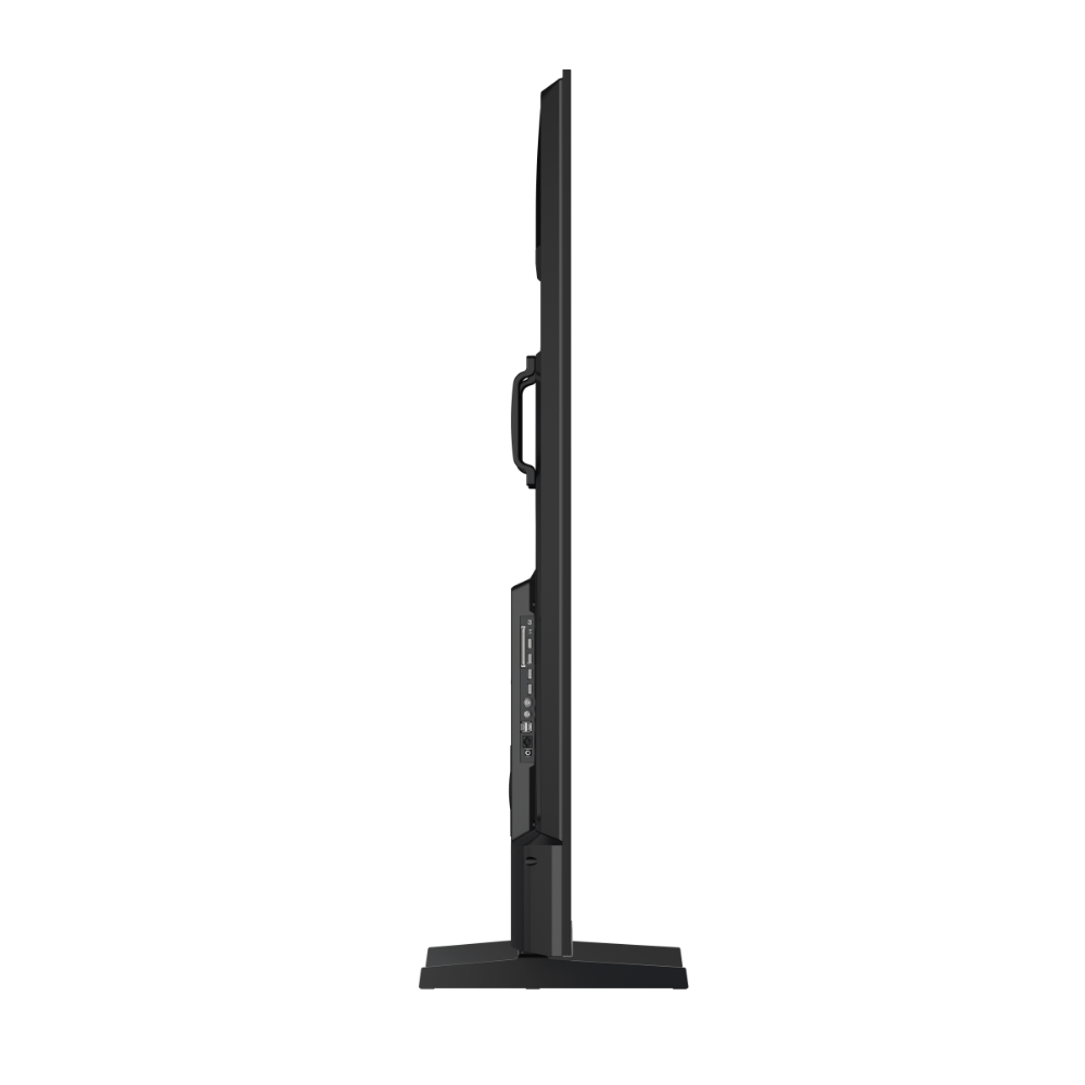 Televisor negro de pantalla plana de perfil, con soporte y puertos.
