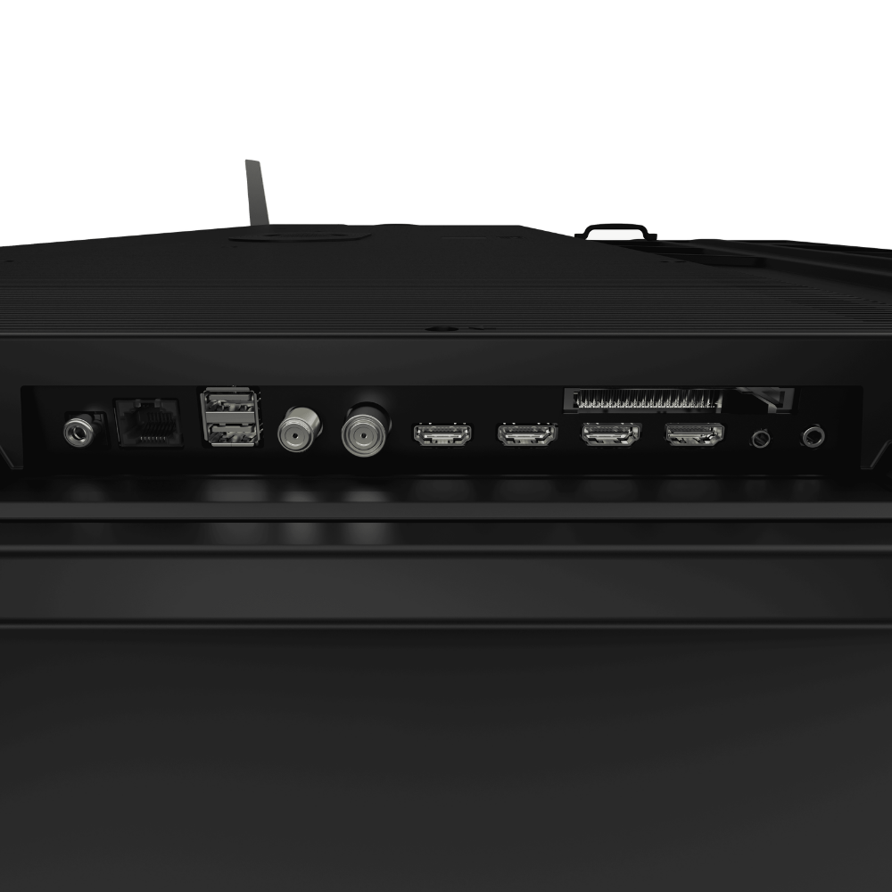 Parte trasera de TV con puertos: Coaxial, Ethernet, 2x USB, 2x Coaxial, 4x HDMI, 1x conector grande.