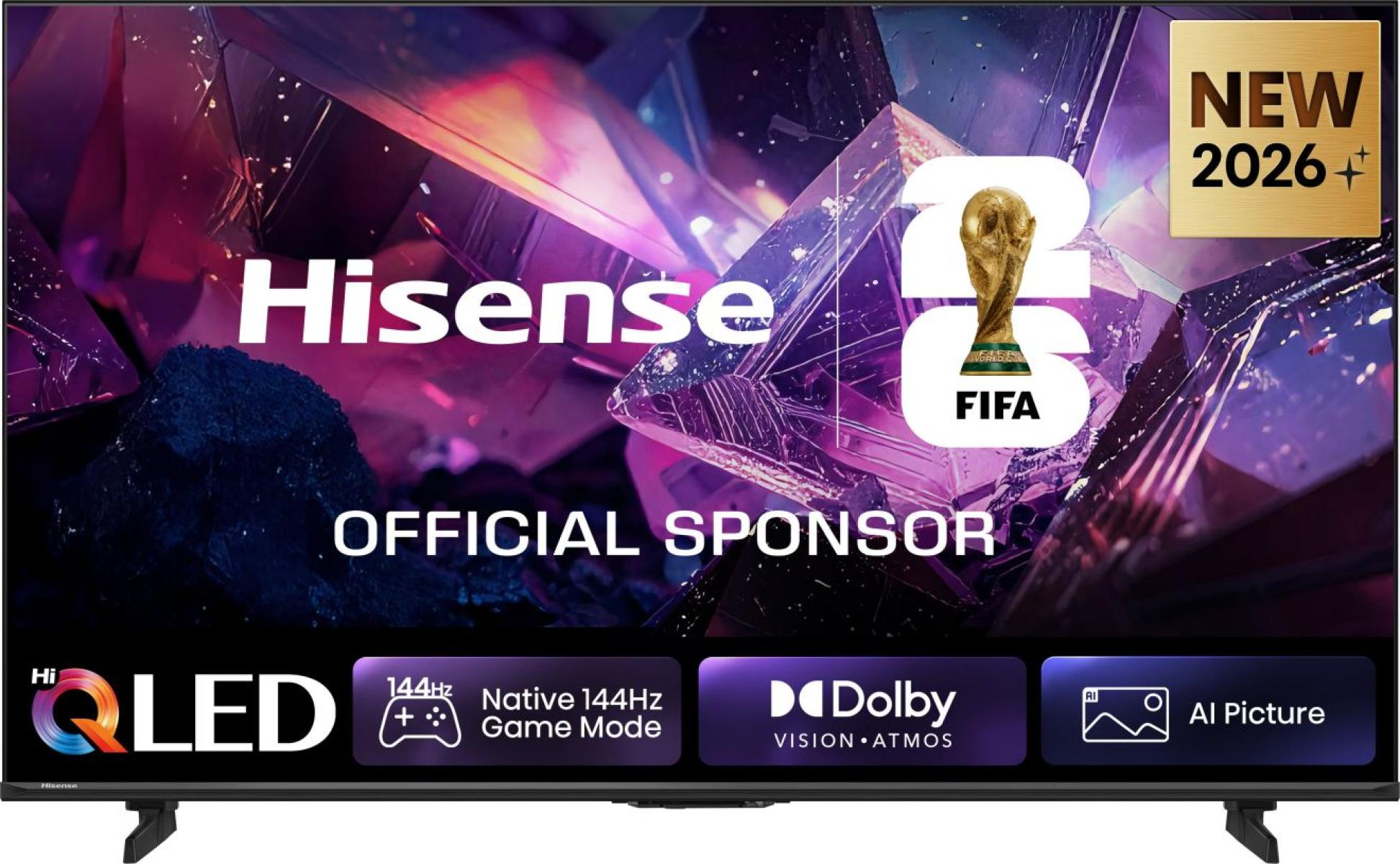 Telewizor Hisense QLED z pucharem FIFA, logo "Nowość 2026".