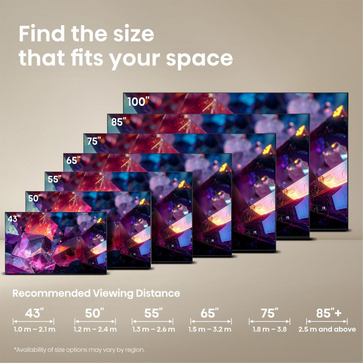 Mehrere Fernseher in zunehmender Größe von 43" bis 100", mit Betrachtungsabständen.