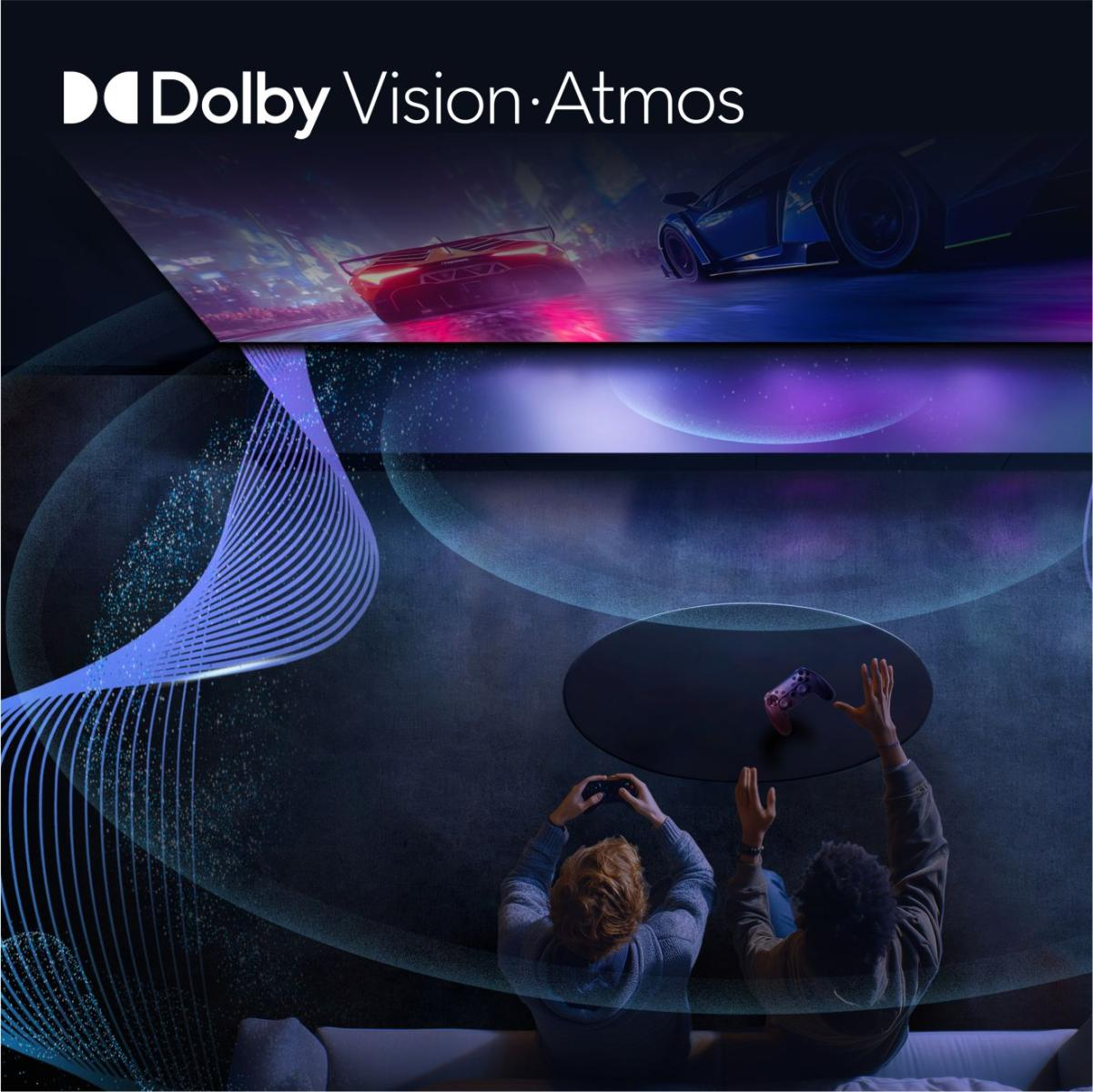 Zwei Personen spielen mit Controllern, umgeben von Wellen und dem Dolby Vision-Logo.