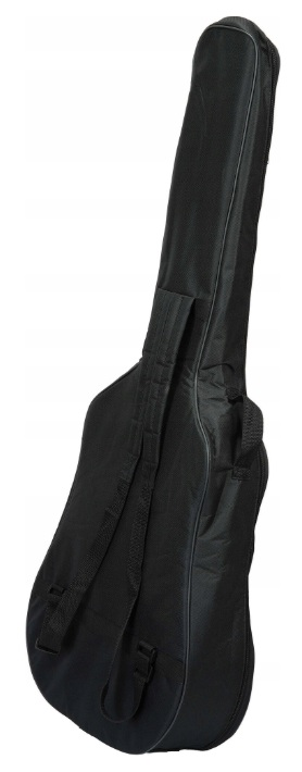 Czarna torba na gitarę z uchwytami i paskami, na białym tle.