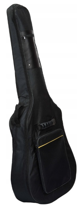 Czarna torba na gitarę z zamkami, uchwytami i zewnętrzną kieszenią.