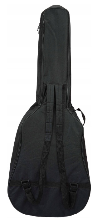 Czarna torba na gitarę z zamkiem błyskawicznym i dwoma paskami u góry.