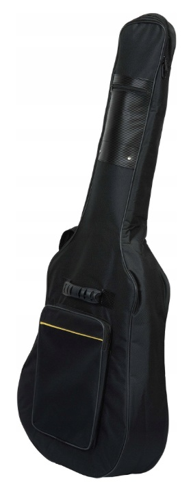 Czarna torba na gitarę z uchwytem i zewnętrzną kieszenią z żółtą lamówką.