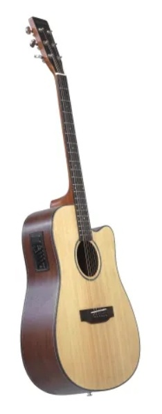 Gitara akustyczna z jasnobrązowym korpusem i ciemną szyjką.