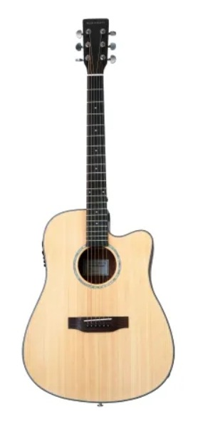 Jasna gitara akustyczna z wycięciem i ciemną szyjką.